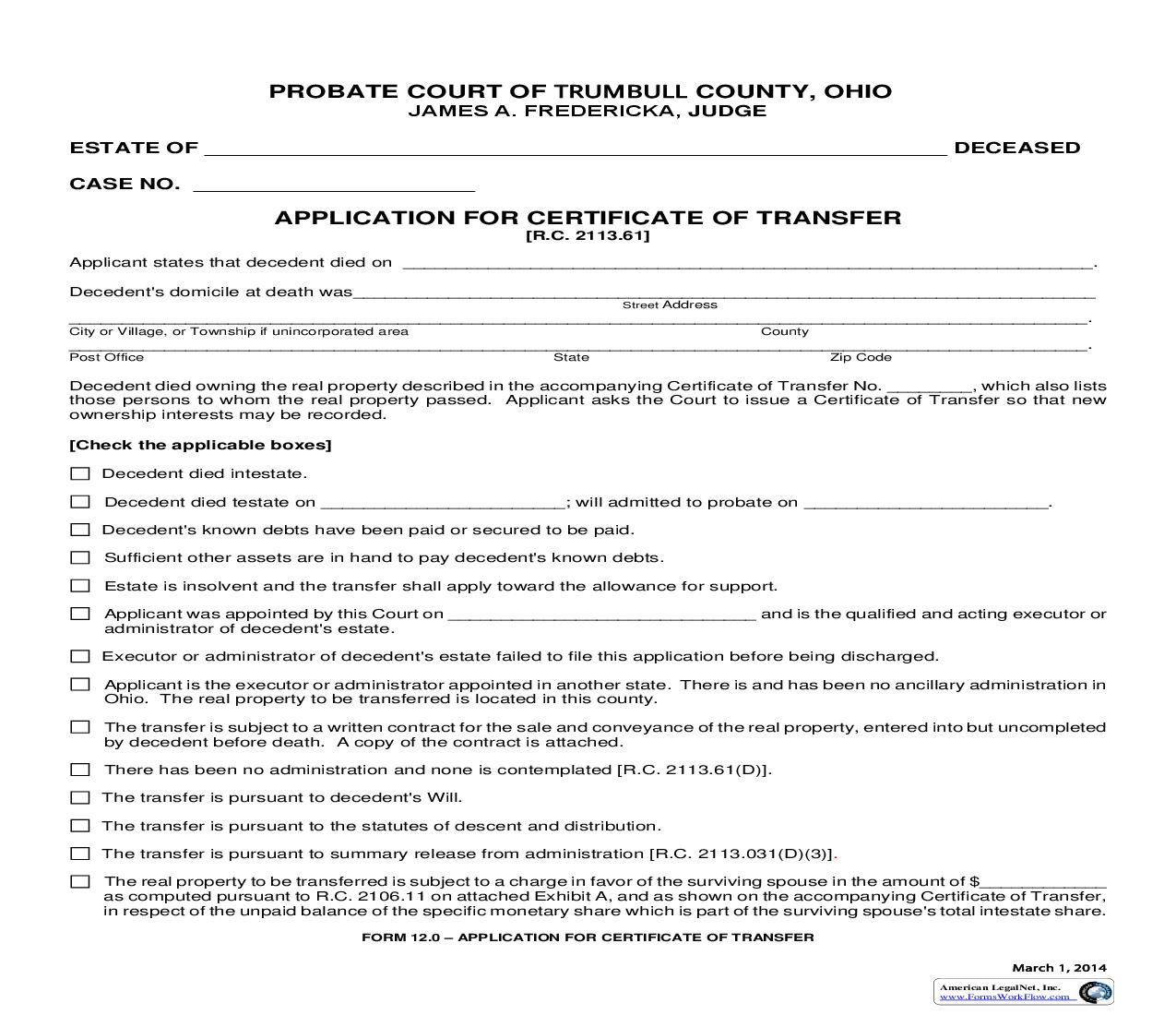 Application For Certificate Of Transfer {12.0} | Pdf Fpdf Doc Docx | Ohio