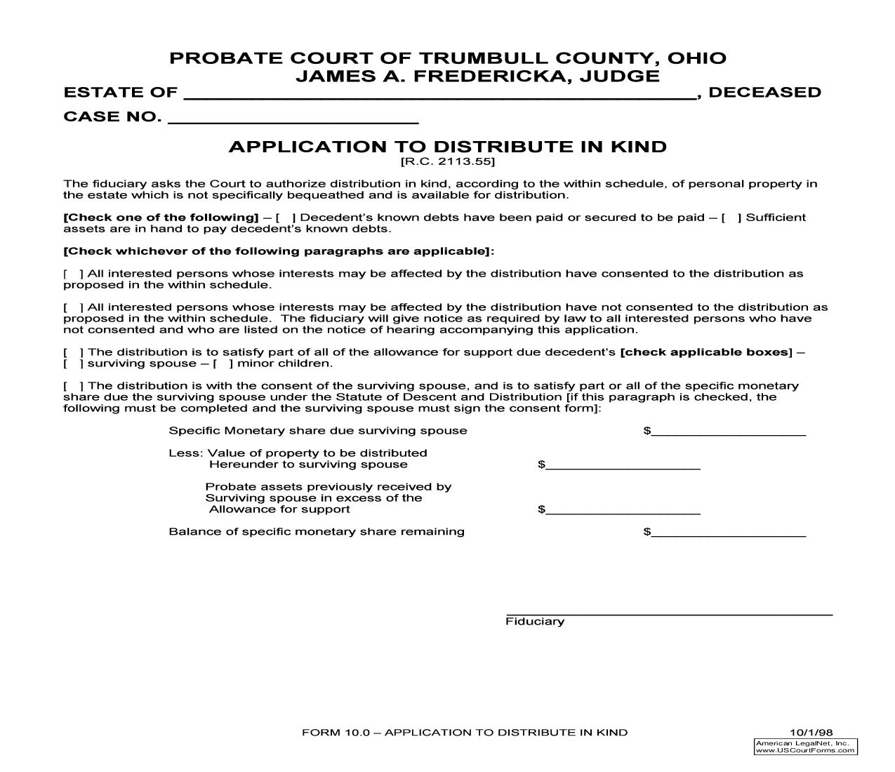 Application To Distribute In Kind (Trumbull) {10.0} | Pdf Fpdf Doc Docx | Ohio