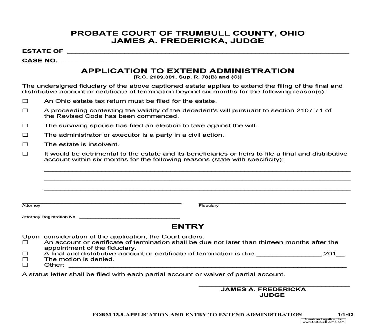 Application To Extend Administration {13.8} | Pdf Fpdf Doc Docx | Ohio