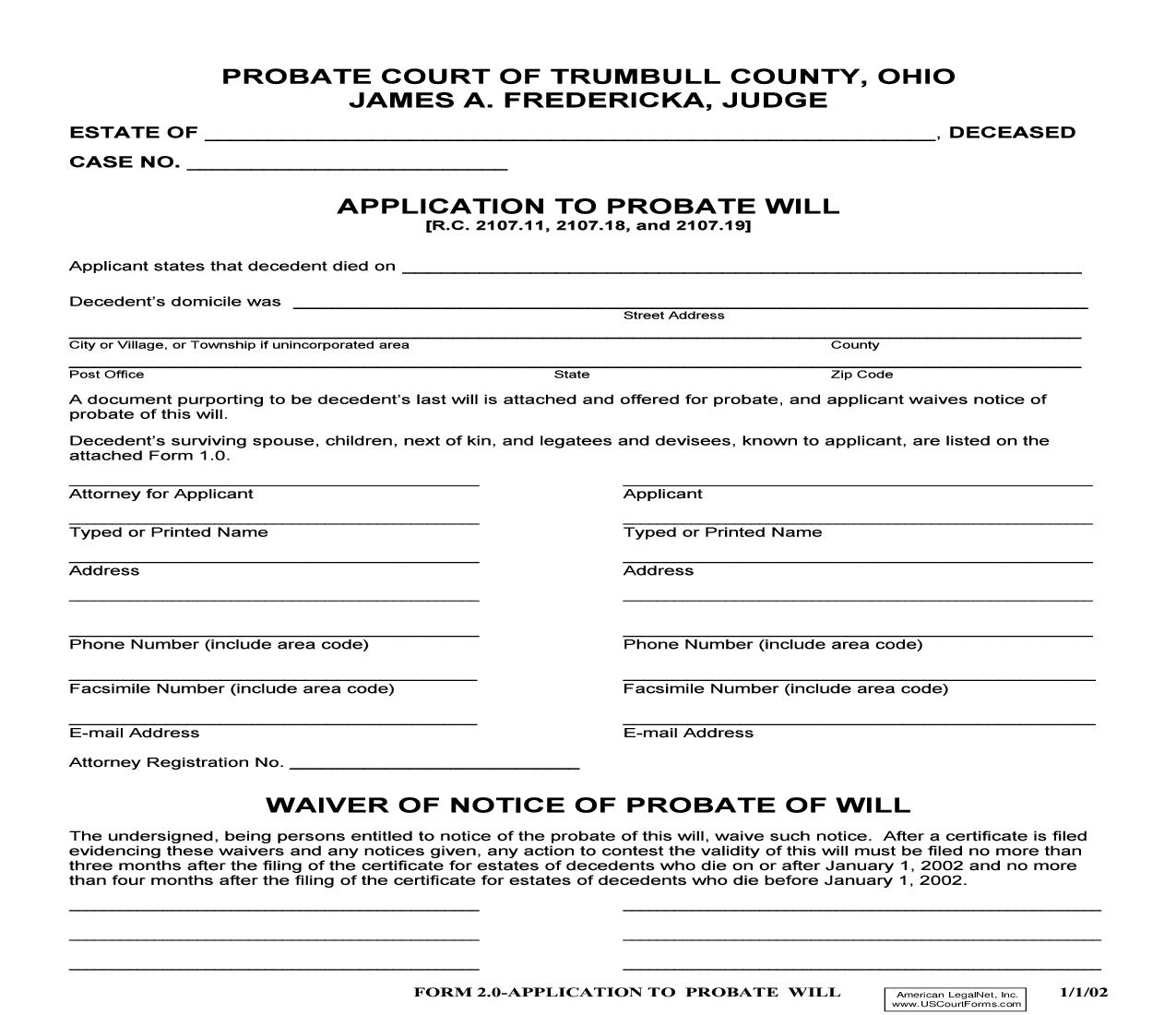 Application To Probate Will (Trumbull) {2.0} | Pdf Fpdf Doc Docx | Ohio