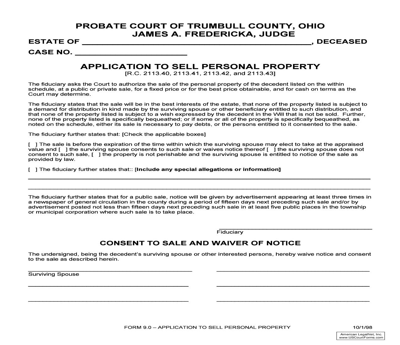 Application To Sell Personal Property (Trumbull) {9.0} | Pdf Fpdf Doc Docx | Ohio