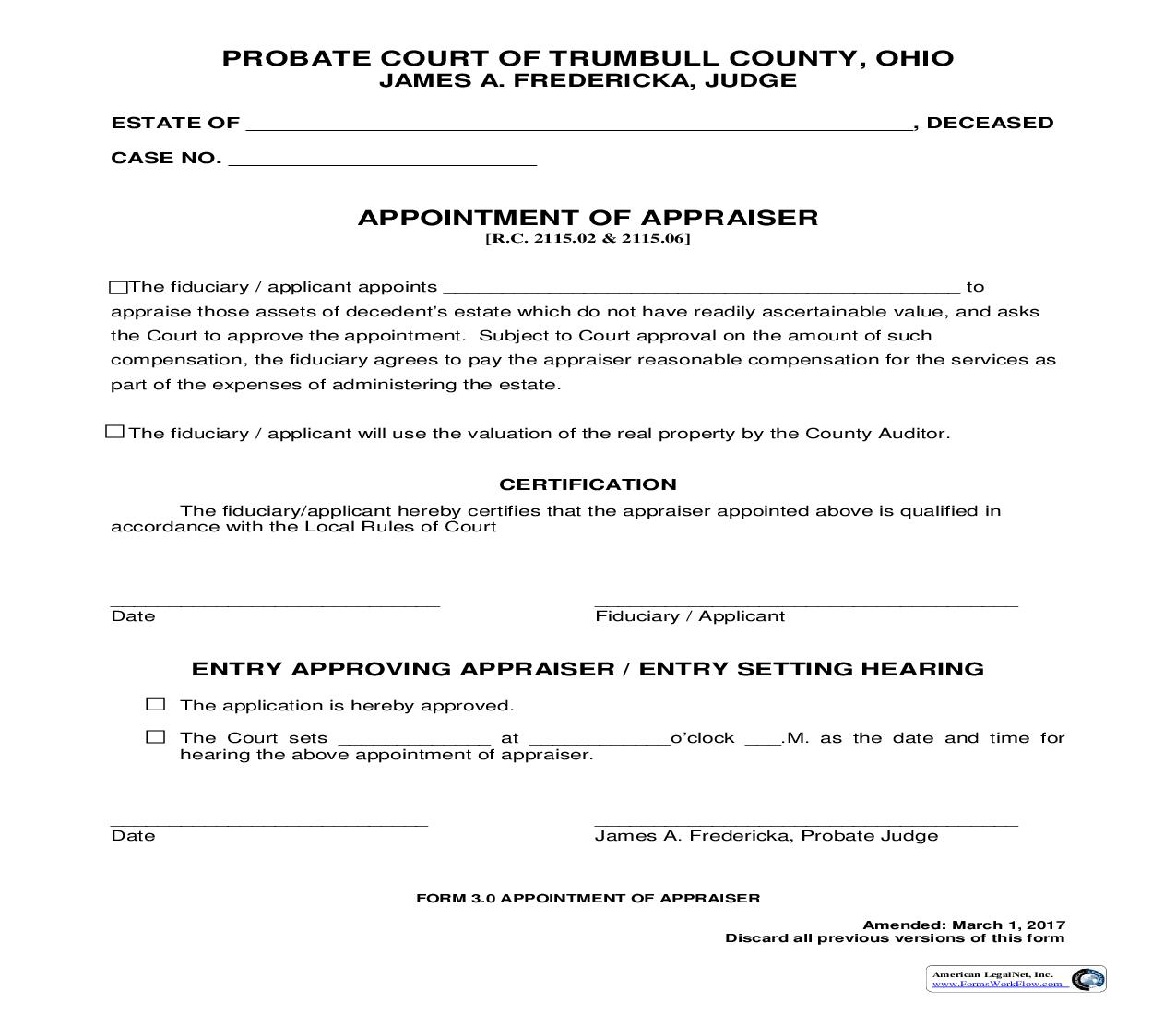 Appointment Of Appraiser {3.0} | Pdf Fpdf Doc Docx | Ohio