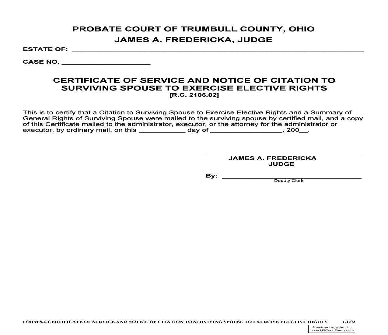 Certificate Of Service And Notice Of Citation To Surviving Spouse To Exercise Elective Rights {8.4} | Pdf Fpdf Doc Docx | Ohio