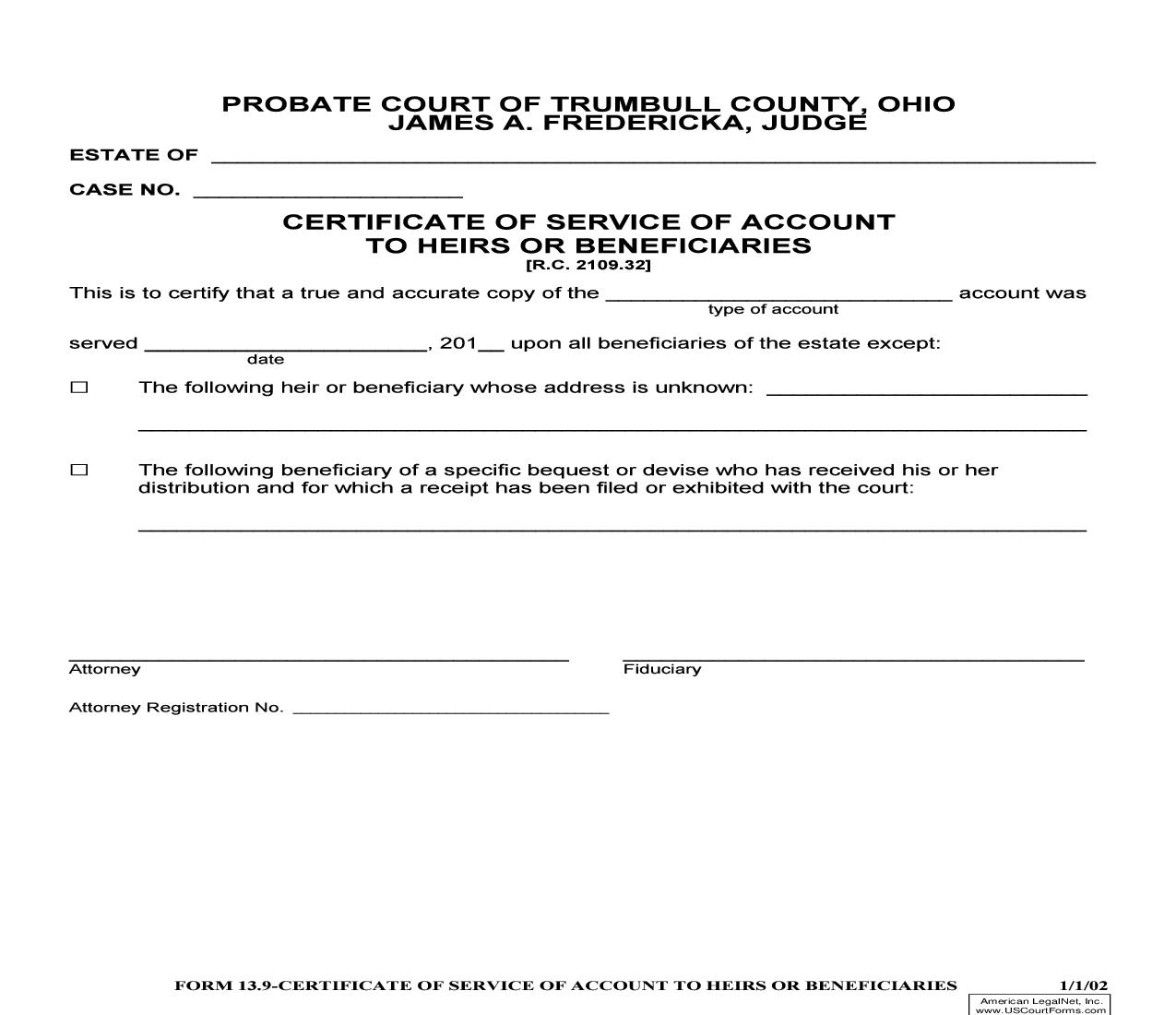 Certificate Of Service Of Account To Heirs Or Beneficiaries {13.9} | Pdf Fpdf Doc Docx | Ohio