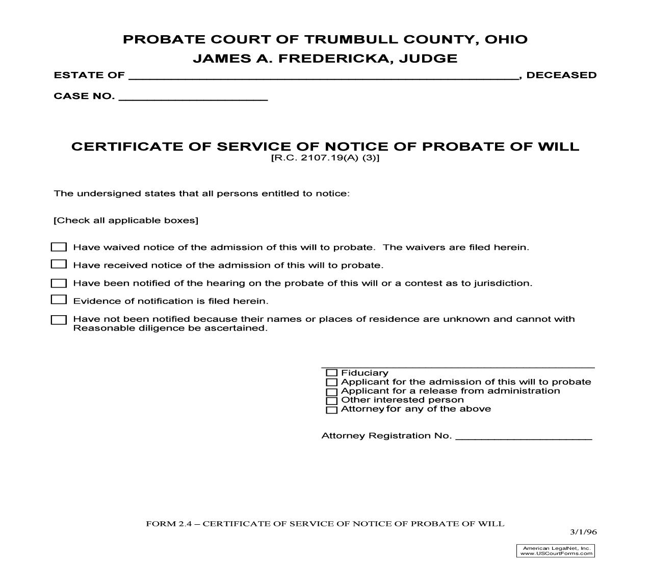 Certificate Of Service Of Notice Of Probate Of Will {2.4} | Pdf Fpdf Doc Docx | Ohio
