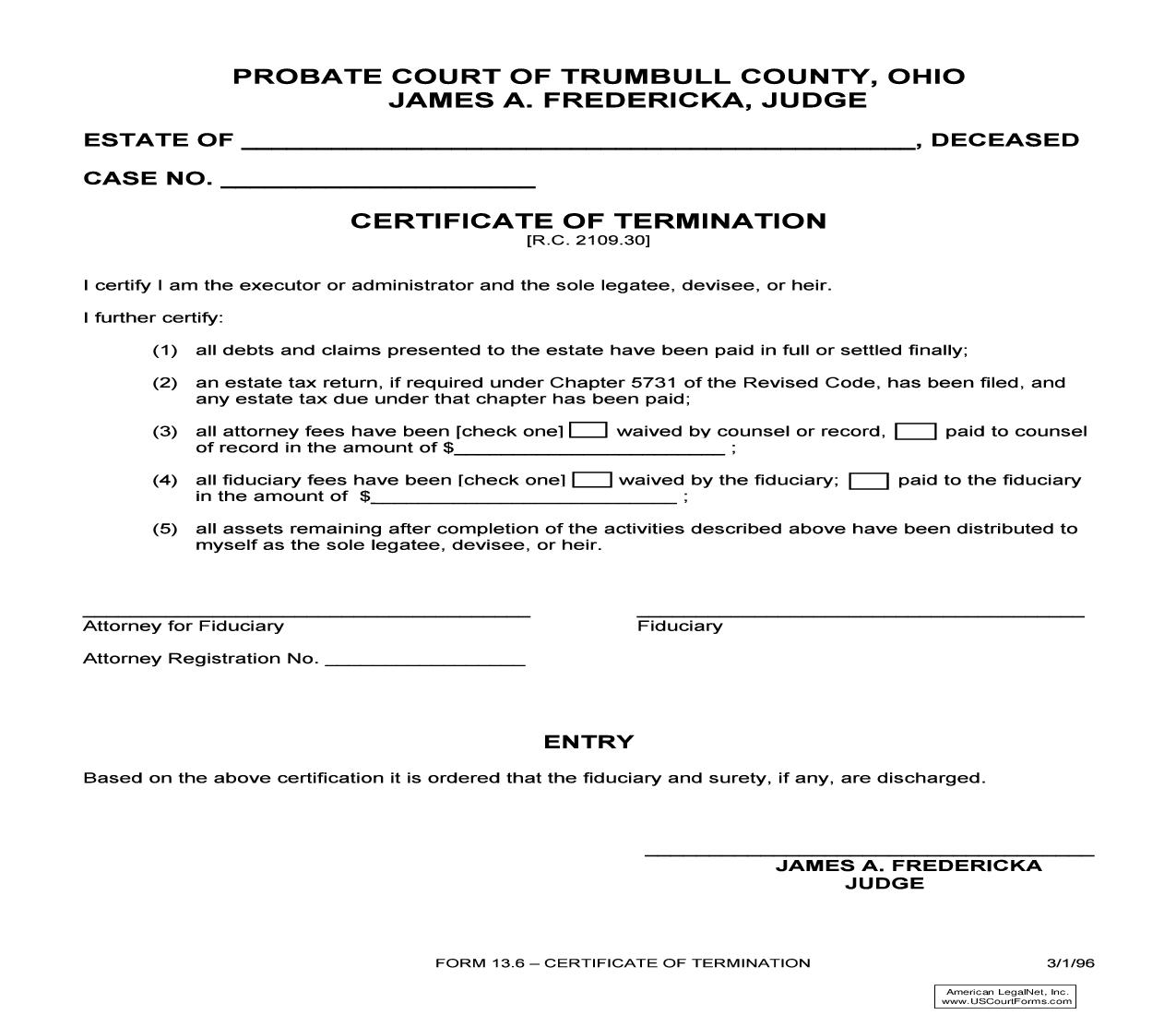 Certificate Of Termination (Trumbull) {13.6} | Pdf Fpdf Doc Docx | Ohio