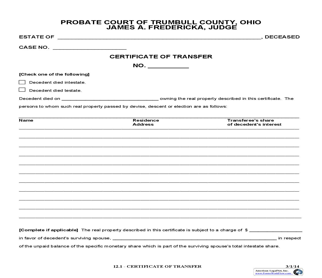 Certificate Of Transfer {12.1} | Pdf Fpdf Doc Docx | Ohio