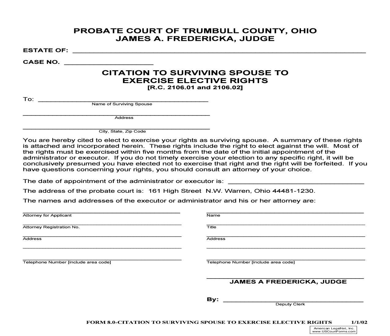 Citation To Surviving Spouse To Exercise Elective Rights {8.0} | Pdf Fpdf Doc Docx | Ohio