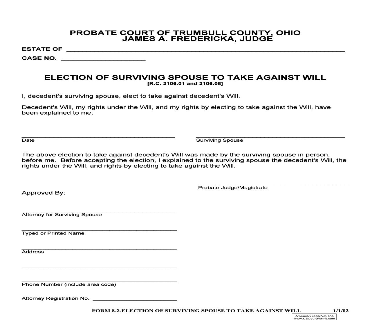 Election Of Surviving Spouse To Take Against Will {8.2} | Pdf Fpdf Doc Docx | Ohio
