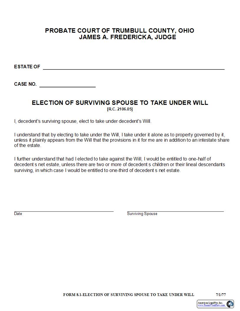Election Of Surviving Spouse To Take Under Will {8.1} | Pdf Fpdf Docx | Ohio