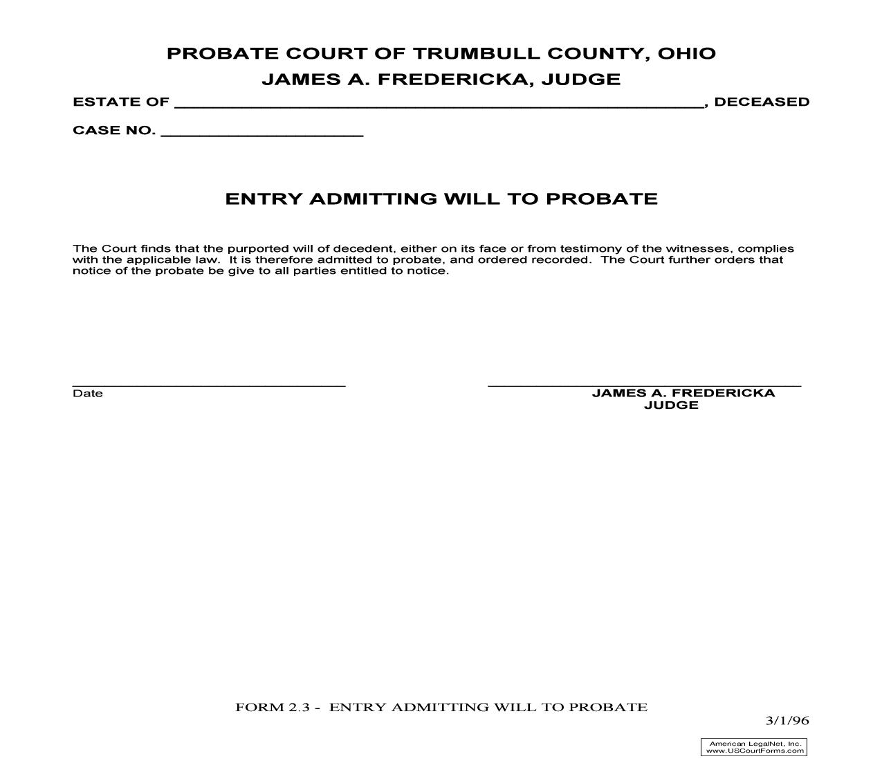 Entry Admitting Will To Probate {2.3} | Pdf Fpdf Doc Docx | Ohio