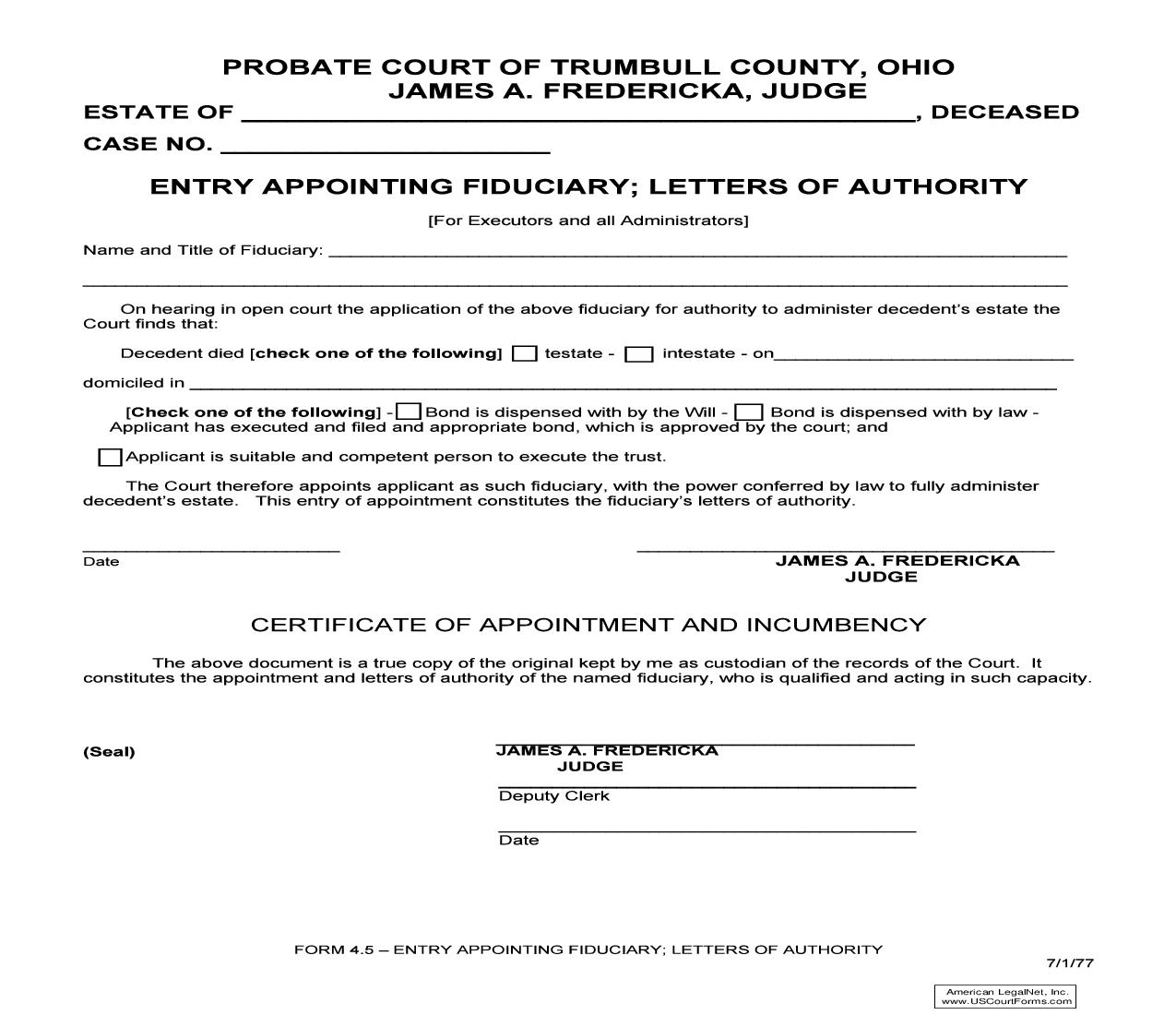Entry Appointing Fiduciary Letters Of Authority {4.5} | Pdf Fpdf Doc Docx | Ohio
