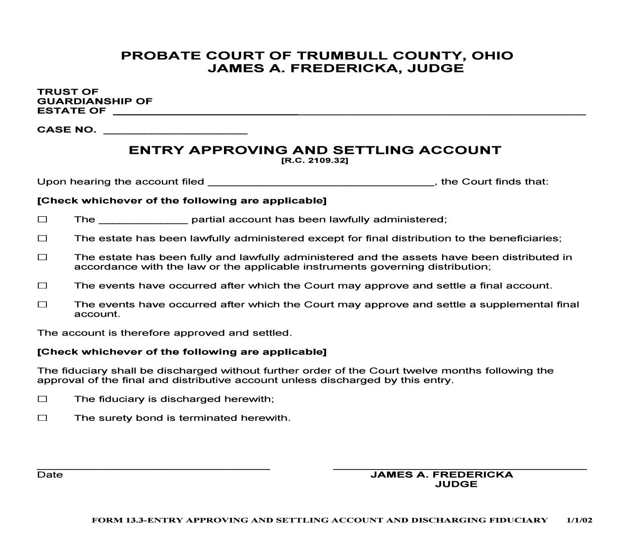 Entry Approving And Settling Account {13.3} | Pdf Fpdf Doc Docx | Ohio