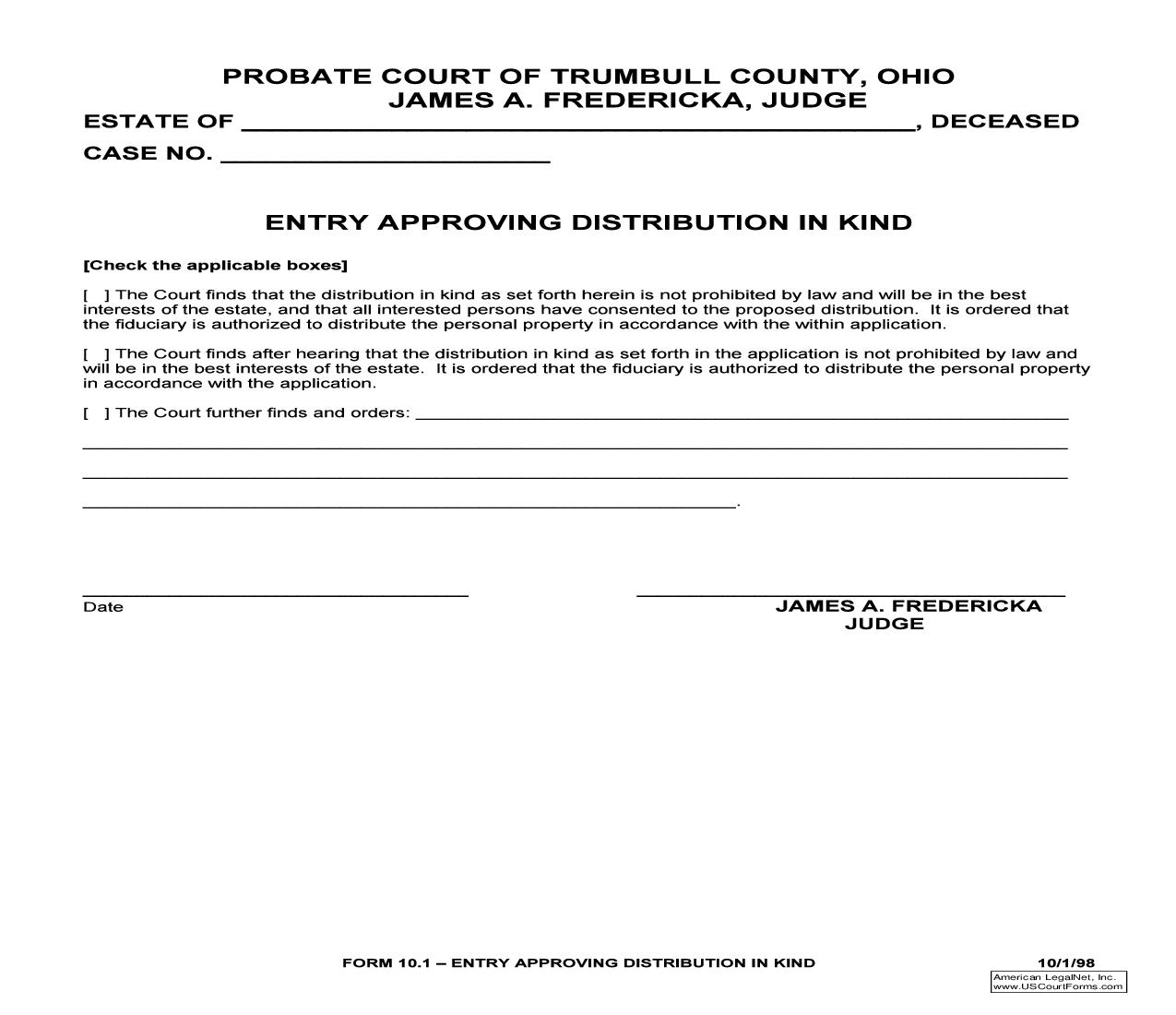 Entry Approving Distribution In Kind {10.1} | Pdf Fpdf Doc Docx | Ohio