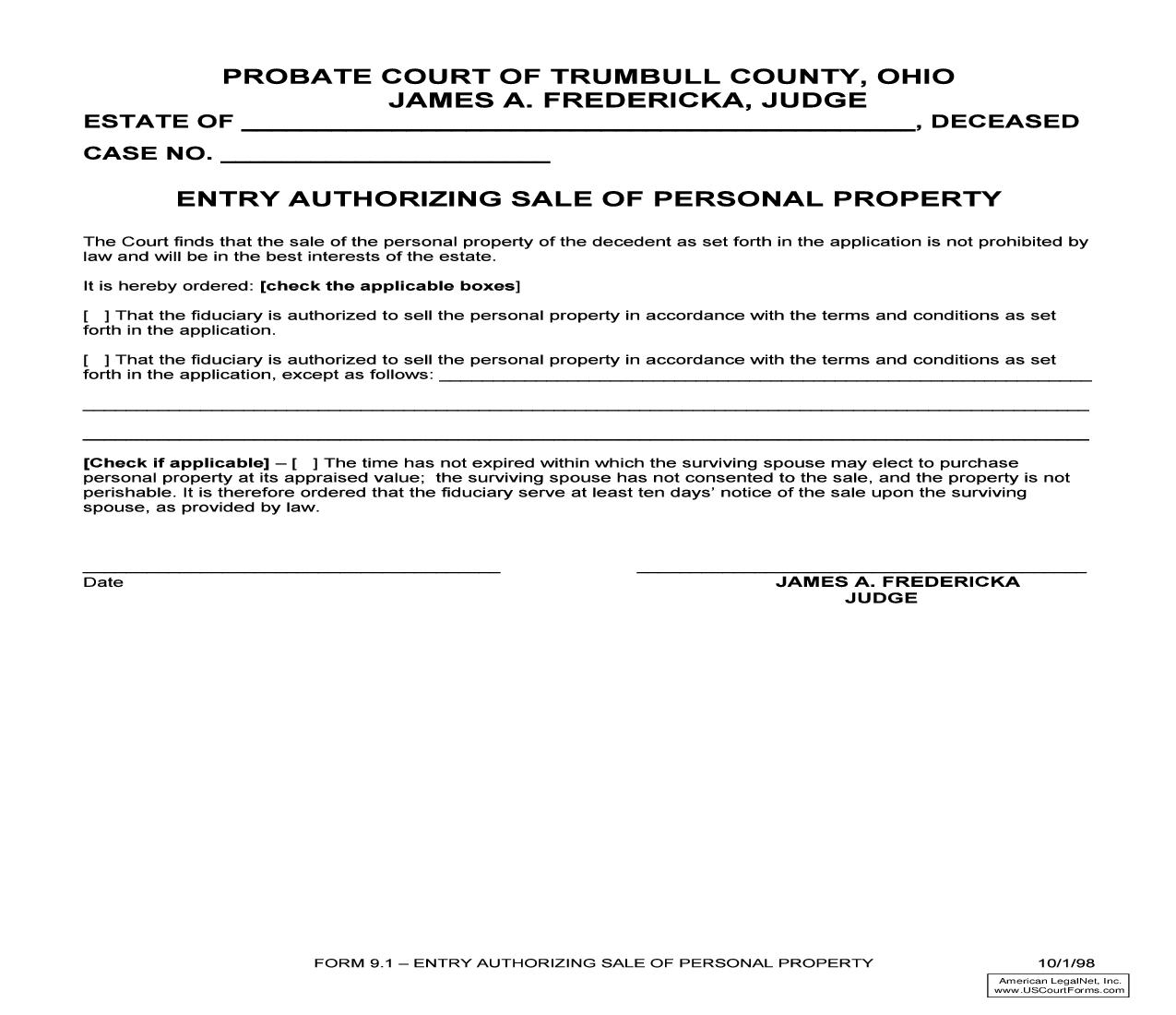 Entry Authorizing Sale Of Personal Property (Trumbull) {9.1} | Pdf Fpdf Doc Docx | Ohio