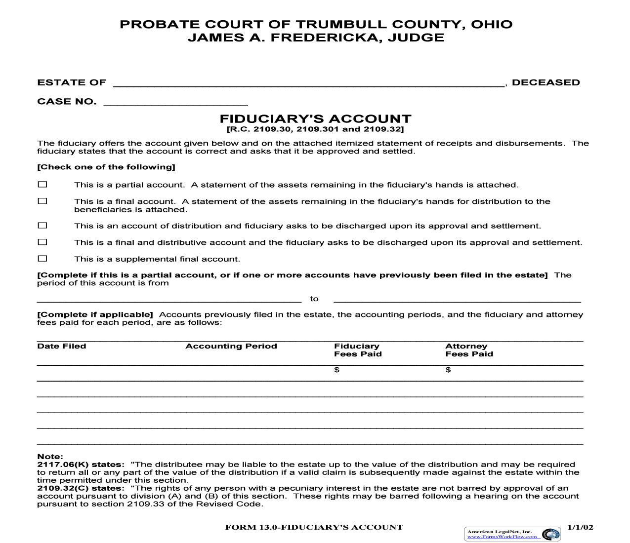 Fiduciarys Account (Trumbull) {13.0} | Pdf Fpdf Doc Docx | Ohio