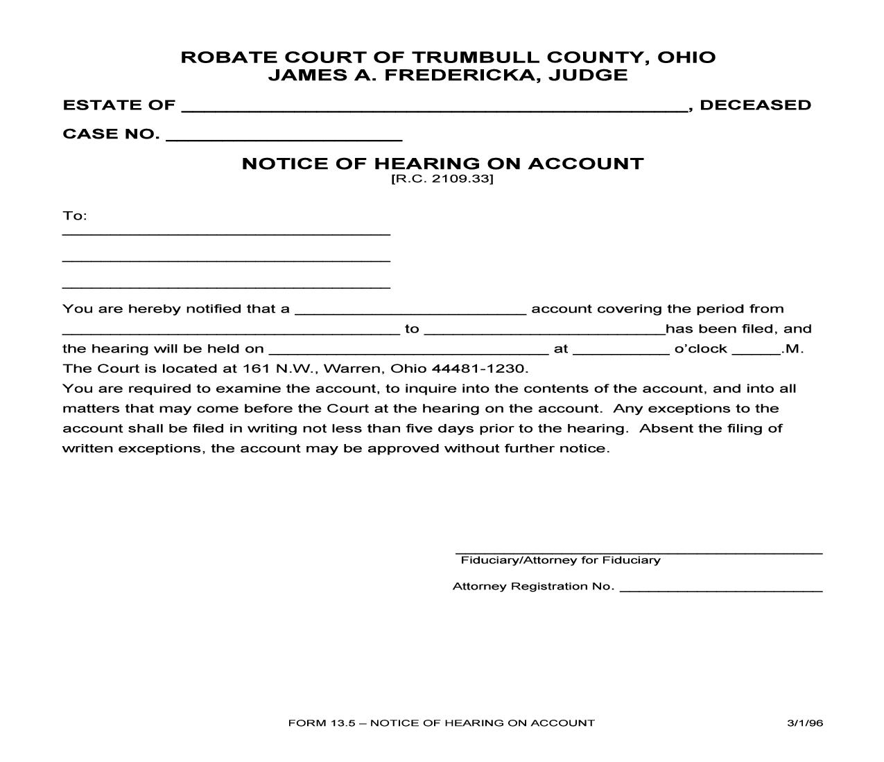 Notice Of Hearing On Account {13.5} | Pdf Fpdf Doc Docx | Ohio