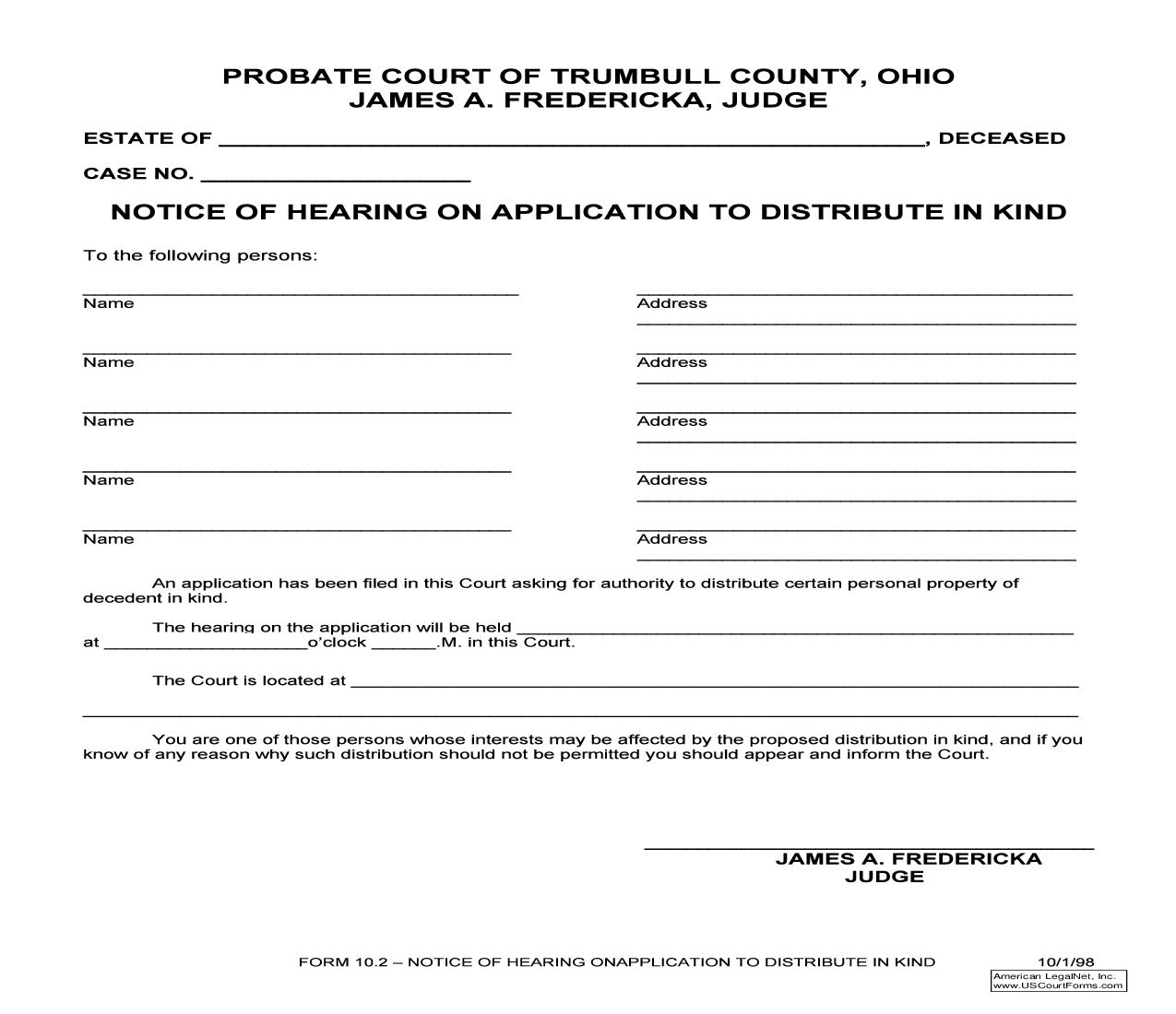 Notice Of Hearing On Application To Distribute In Kind {10.2} | Pdf Fpdf Doc Docx | Ohio