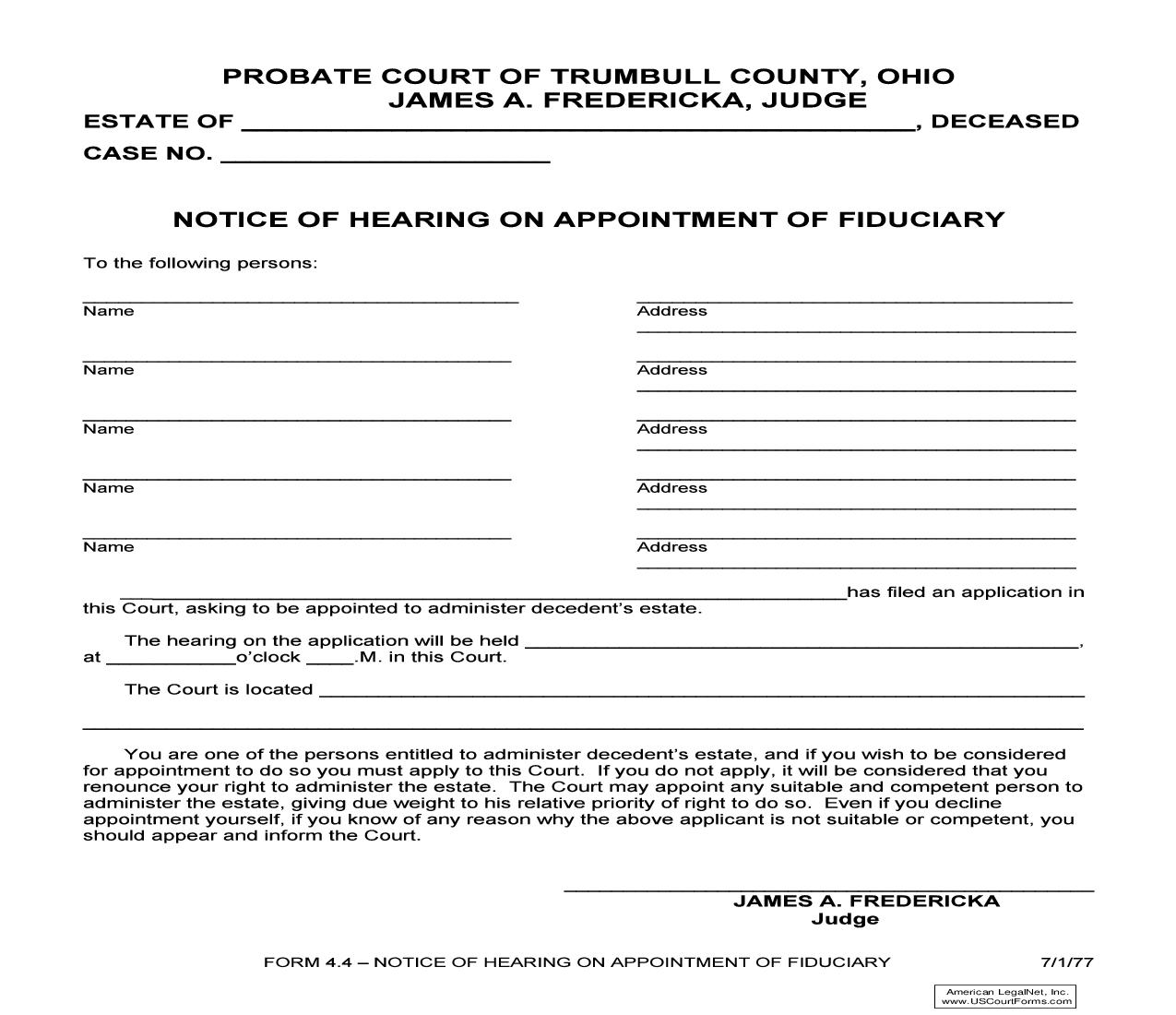 Notice Of Hearing On Appointment Of Fiduciary {4.4} | Pdf Fpdf Doc Docx | Ohio