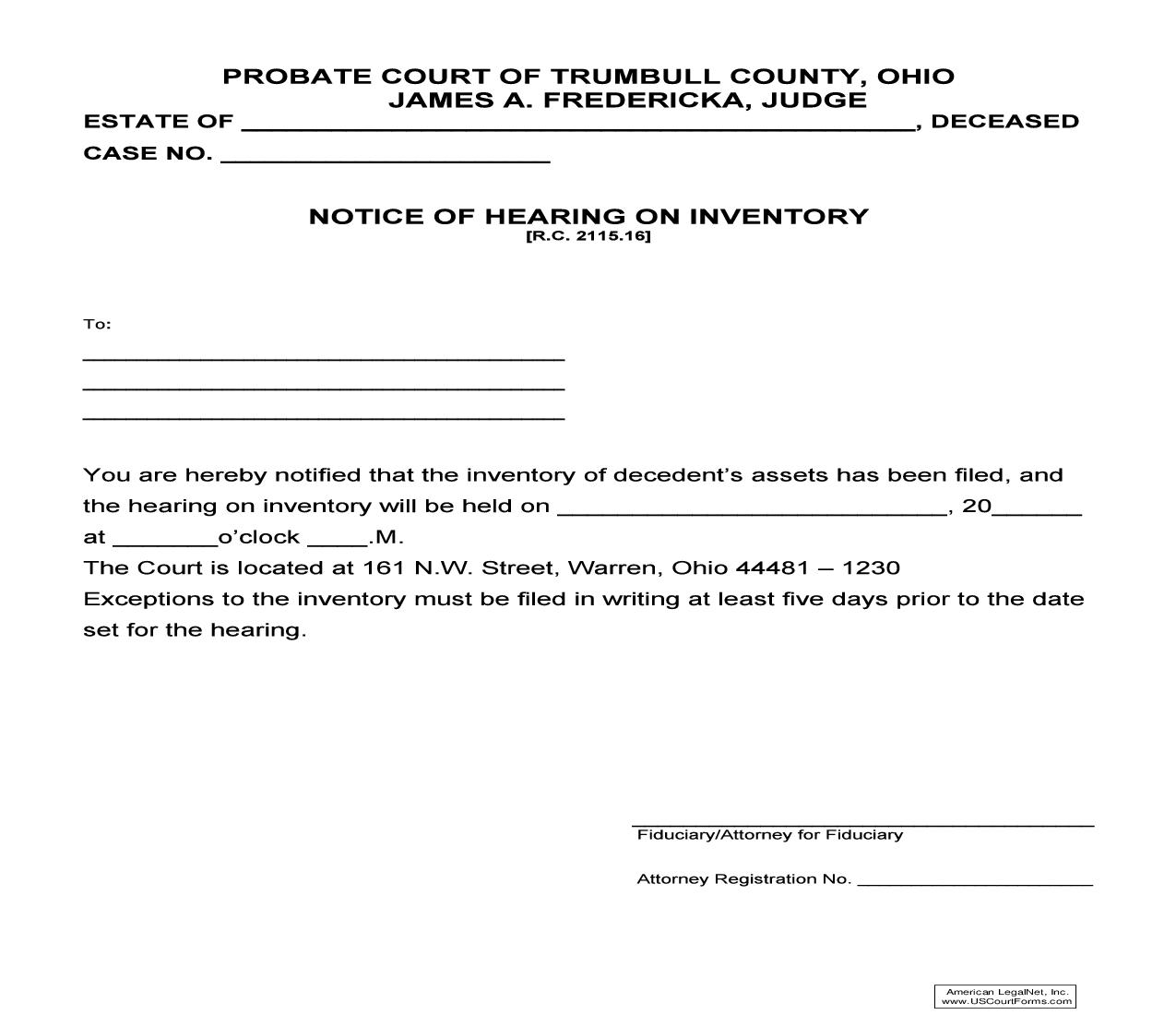 Notice Of Hearing On Inventory {6.3} | Pdf Fpdf Doc Docx | Ohio