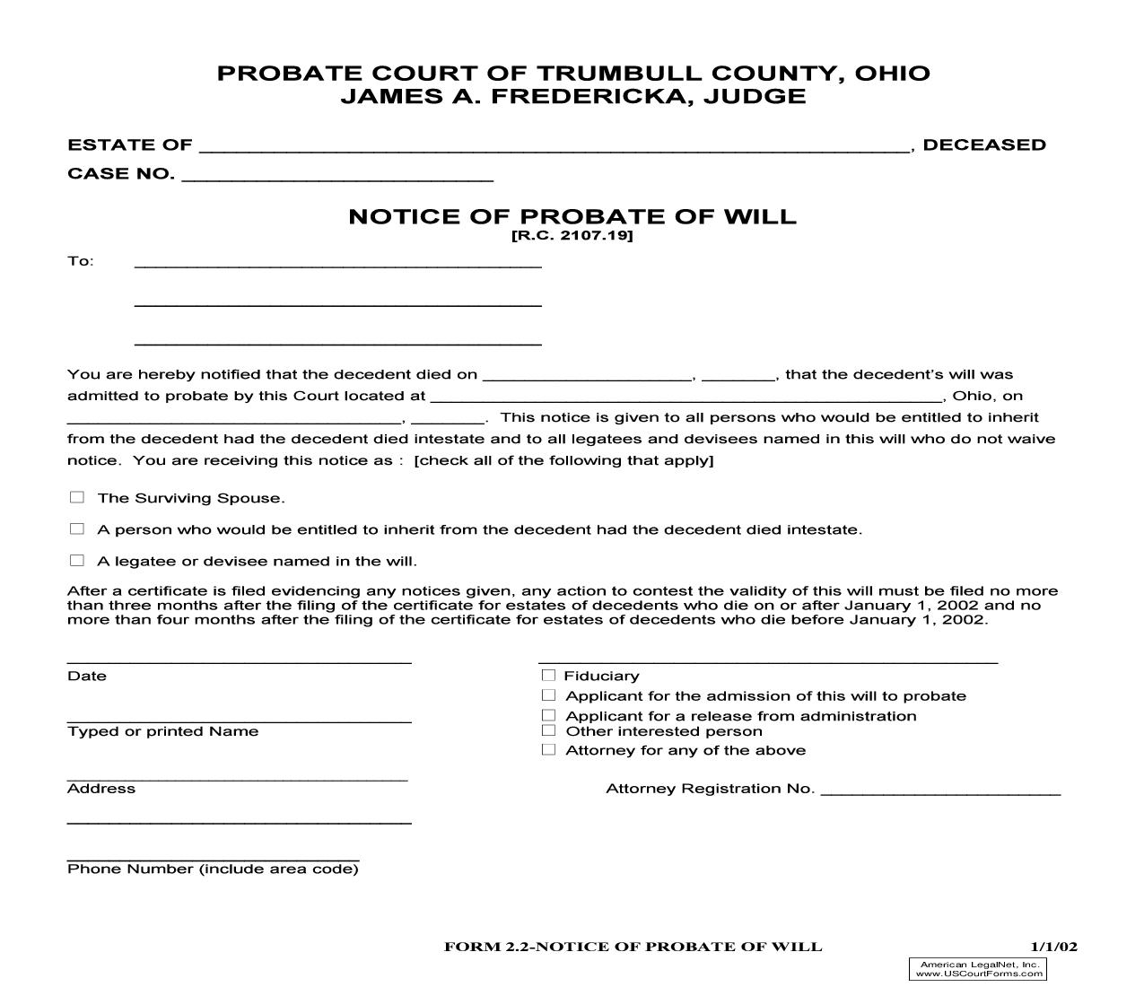 Notice Of Probate Of Will (Trumbull) {2.2} | Pdf Fpdf Doc Docx | Ohio