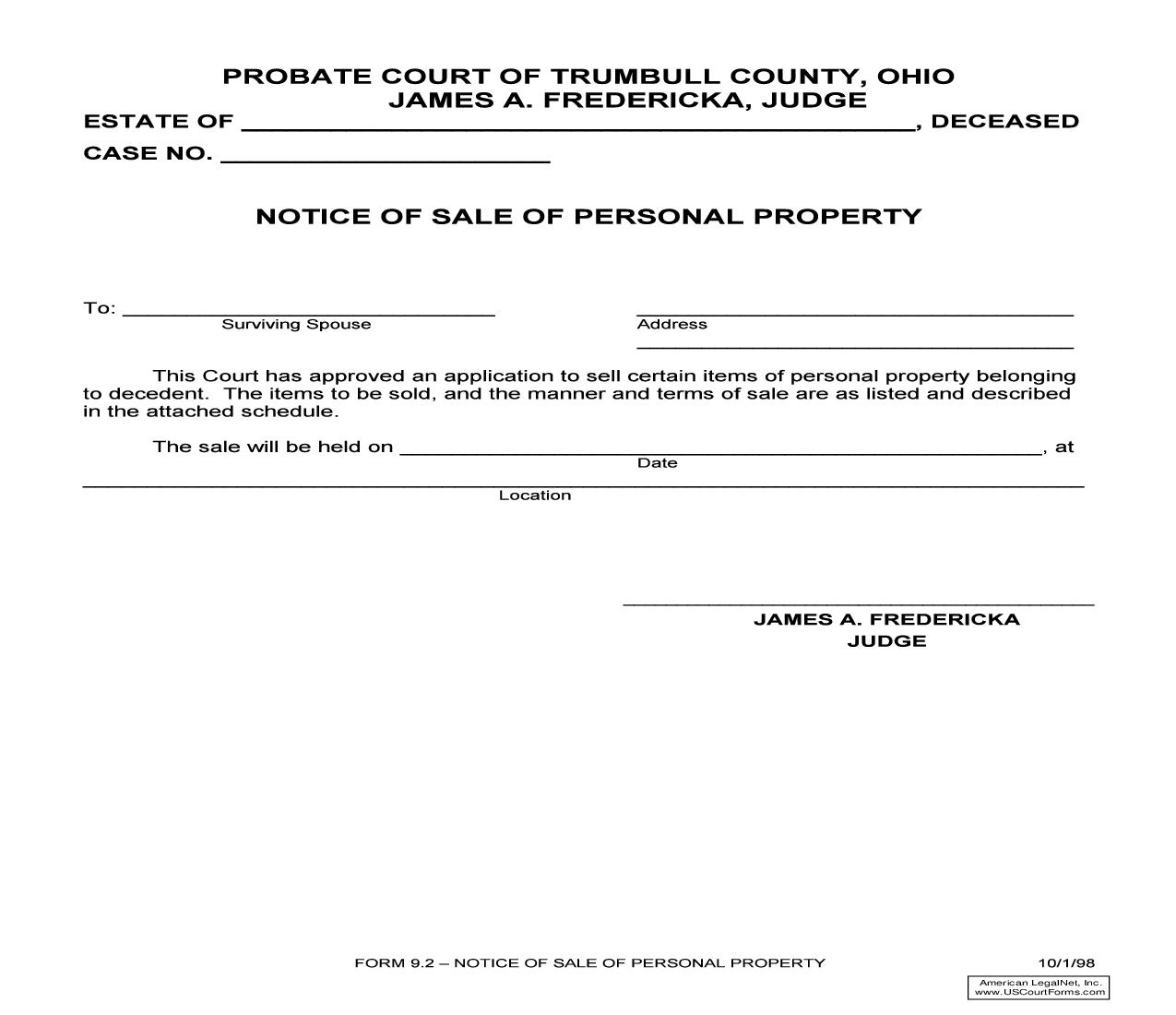 Notice Of Sale Of Personal Property {9.2} | Pdf Fpdf Doc Docx | Ohio