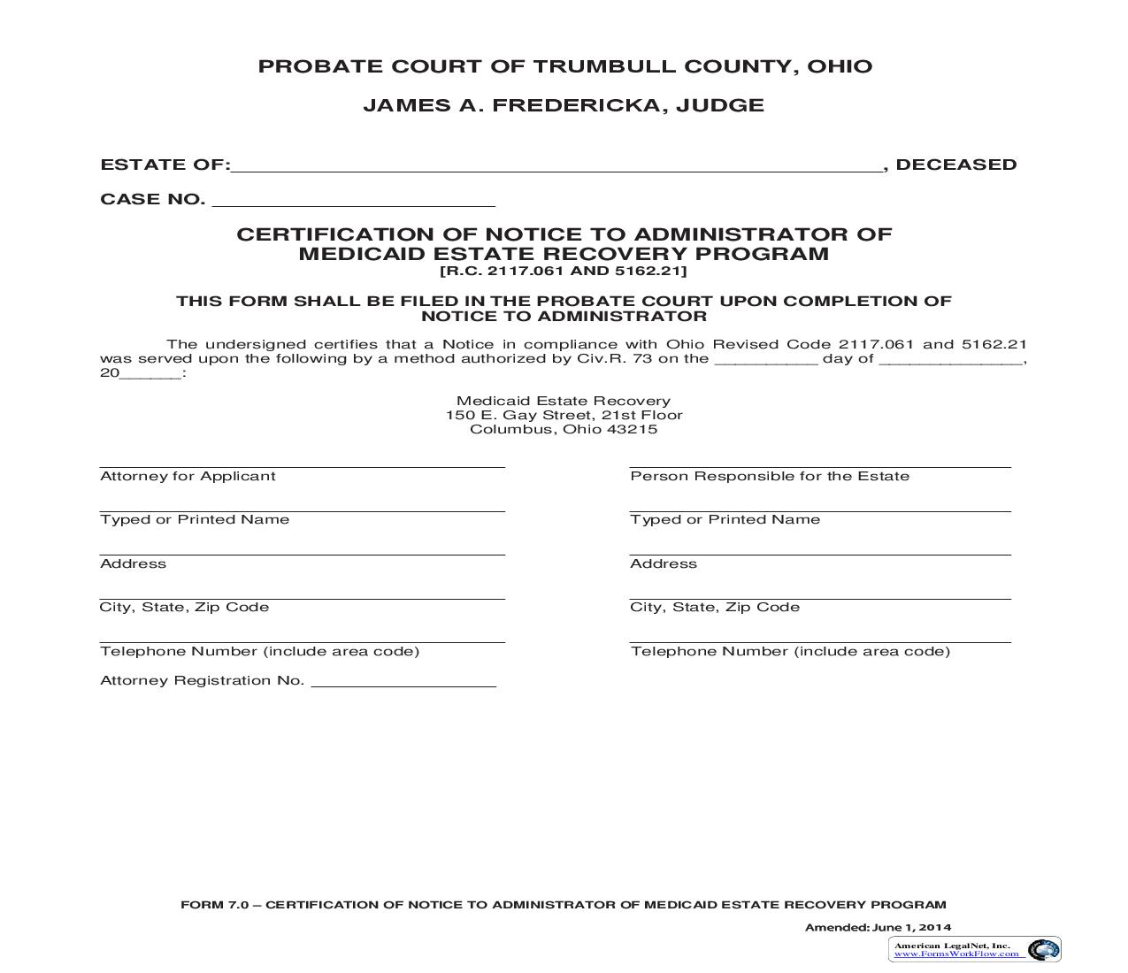 Notice To Administrator Of Estate Recovery Program {7.0} | Pdf Fpdf Doc Docx | Ohio