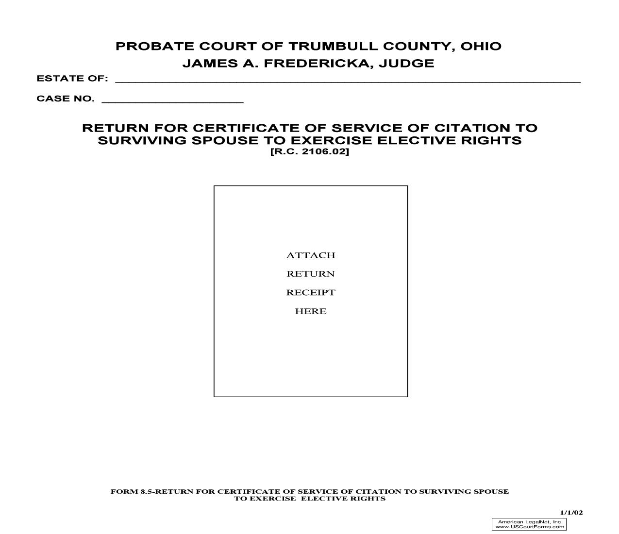 Return For Certificate Of Service Of Citation To Surviving Spouse To Exercise Elective Rights {8.5} | Pdf Fpdf Doc Docx | Ohio