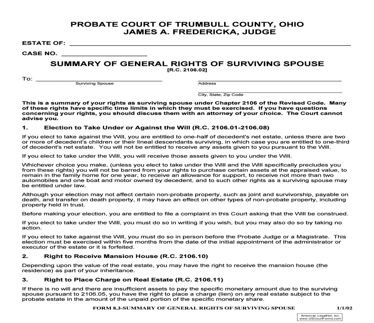 Summary Of General Rights Of Surviving Spouse {8.3} | Pdf Fpdf Doc Docx | Ohio