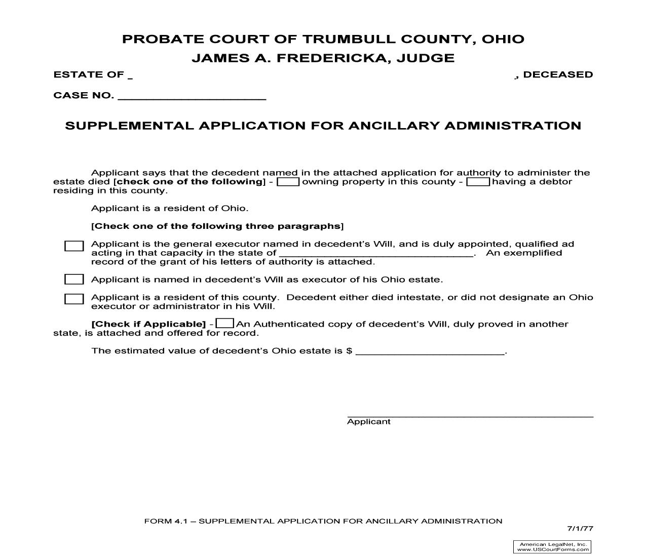 Supplemental Application For Ancillary Administration  (Trumbull) {4.1} | Pdf Fpdf Doc Docx | Ohio