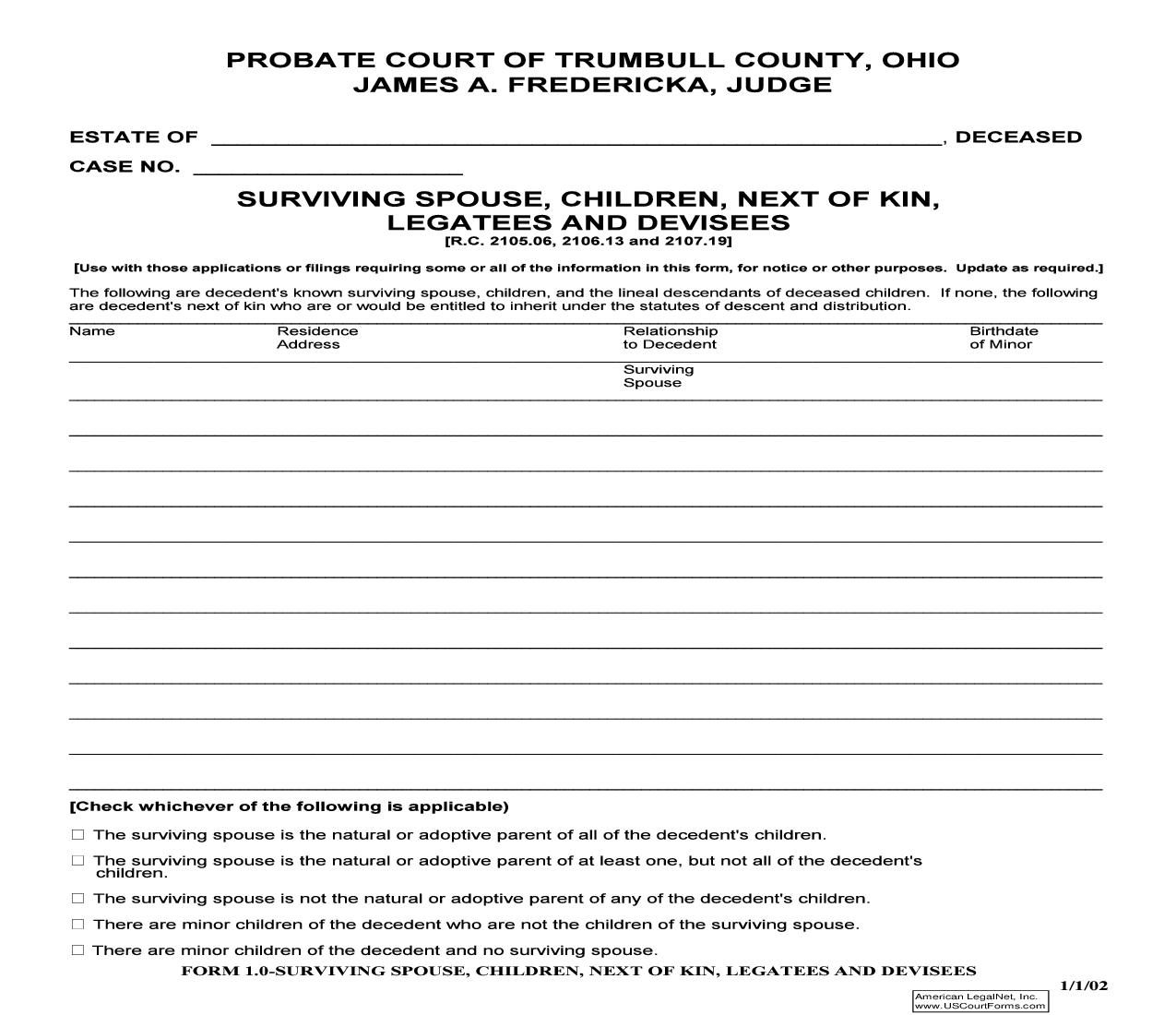 Surviving Spouse Children Next of Kin Legatees And Devisees {1.0} | Pdf Fpdf Doc Docx | Ohio