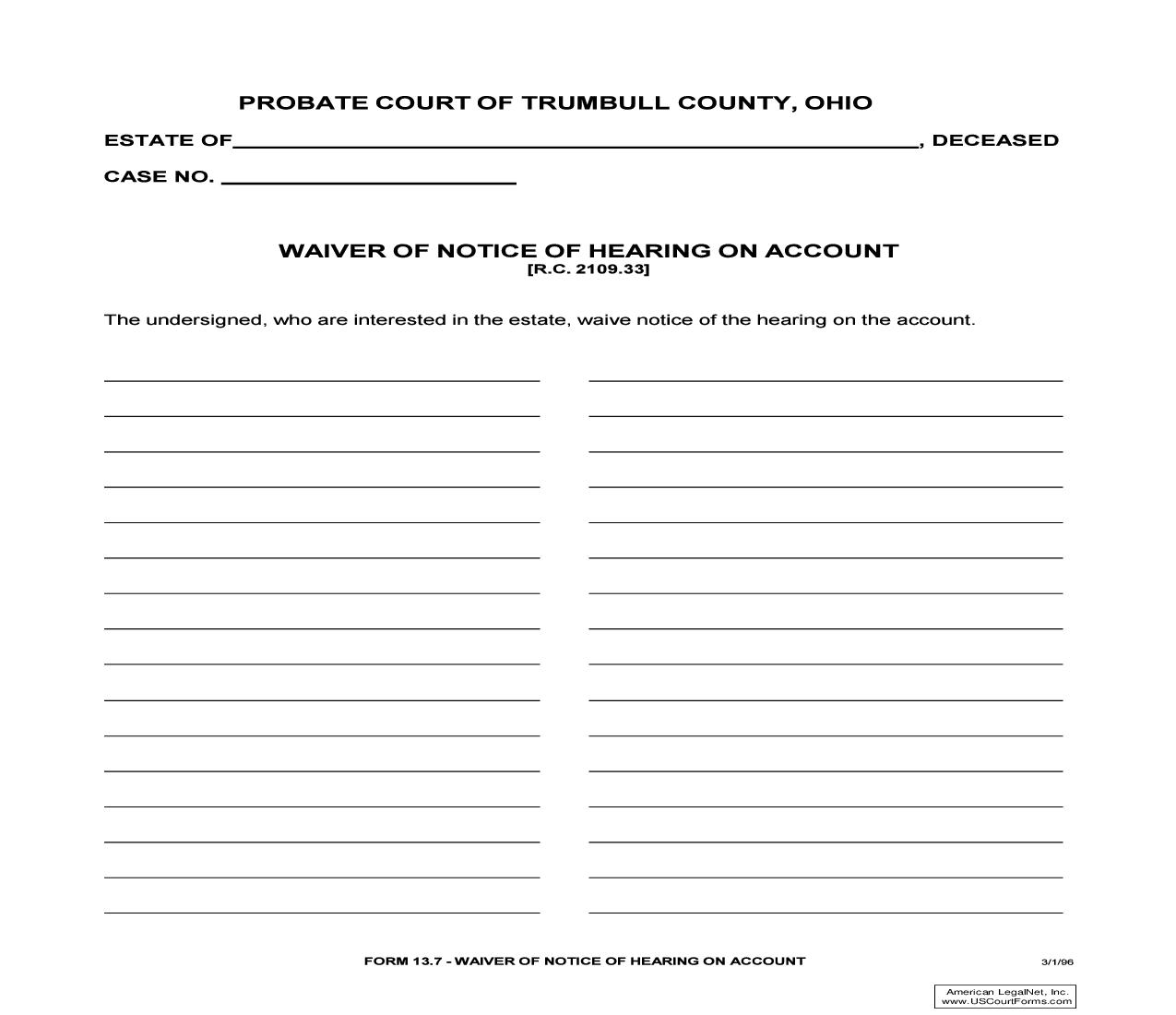 Waiver Of Notice Of Hearing On Account {13.7} | Pdf Fpdf Doc Docx | Ohio