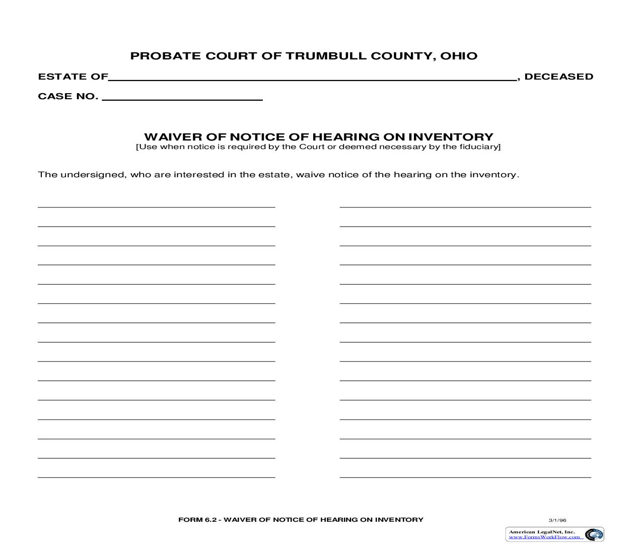 Waiver Of Notice Of Hearing On Inventory (Trumbull) {6.2} | Pdf Fpdf Doc Docx | Ohio