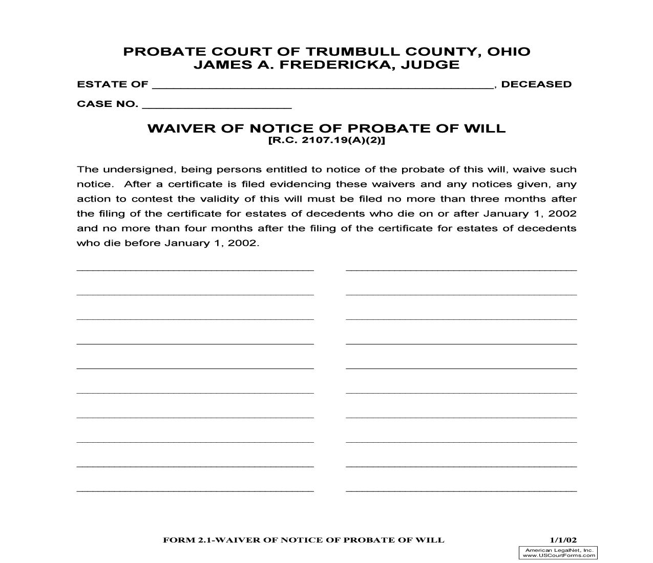 Waiver Of Notice To Probate Of Will (Trumbull) {2.1} | Pdf Fpdf Doc Docx | Ohio
