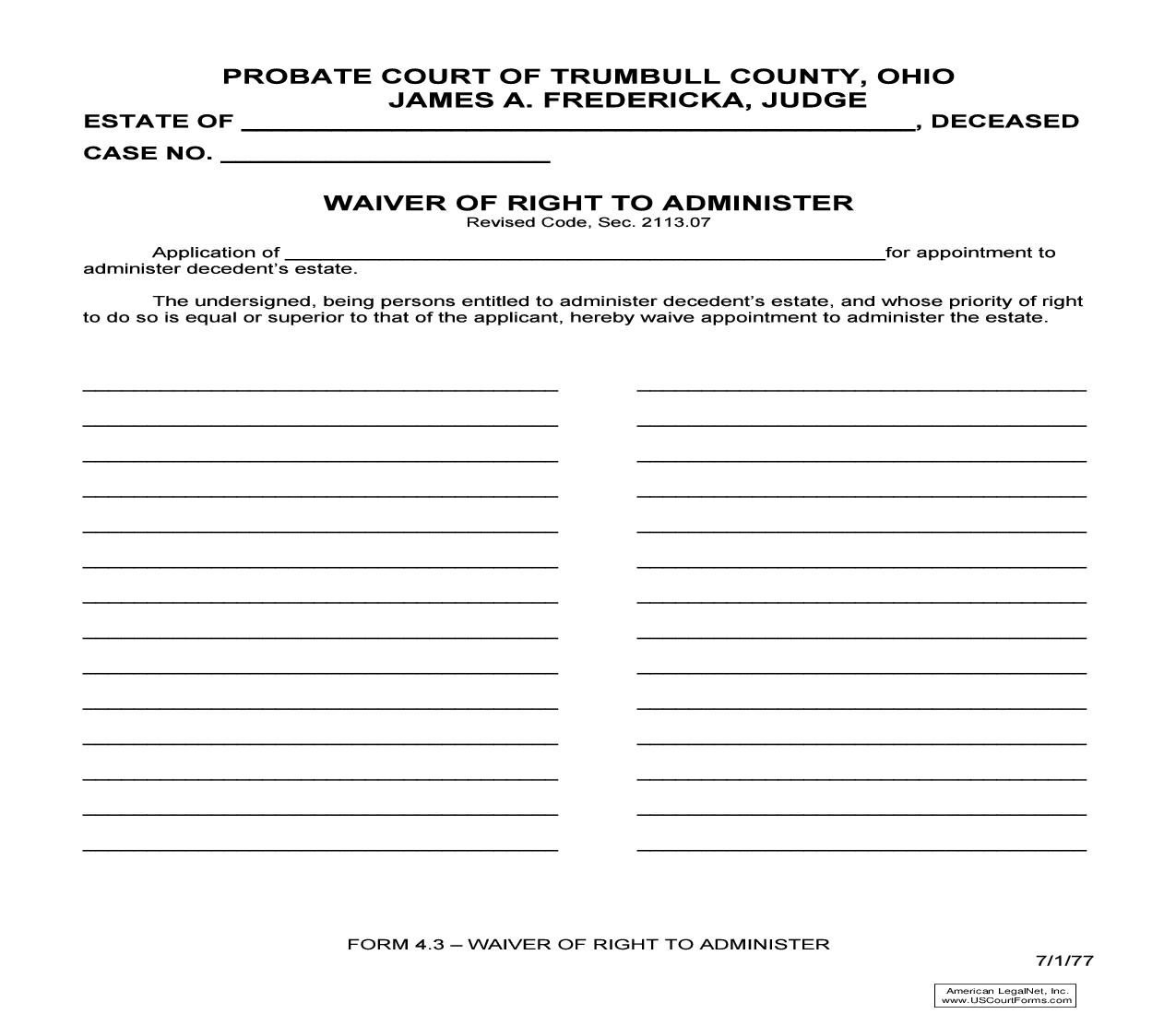 Waiver Of Right To Administer {4.3} | Pdf Fpdf Doc Docx | Ohio