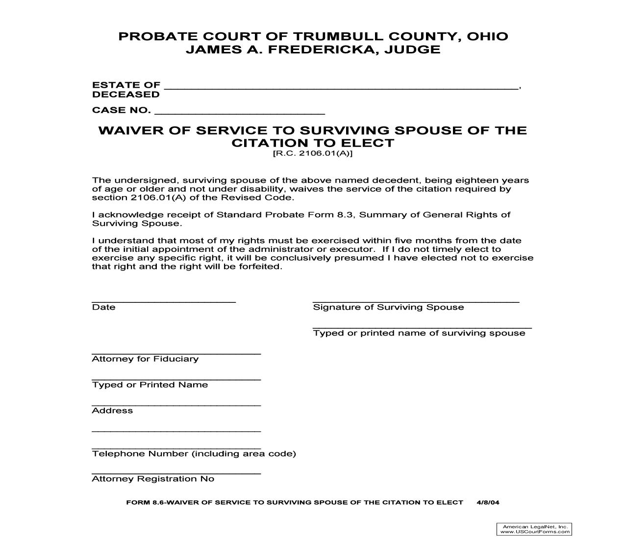 Waiver Of Service To Surviving Spouse Of The Citation To Elect (Trumbull) {8.6} | Pdf Fpdf Doc Docx | Ohio