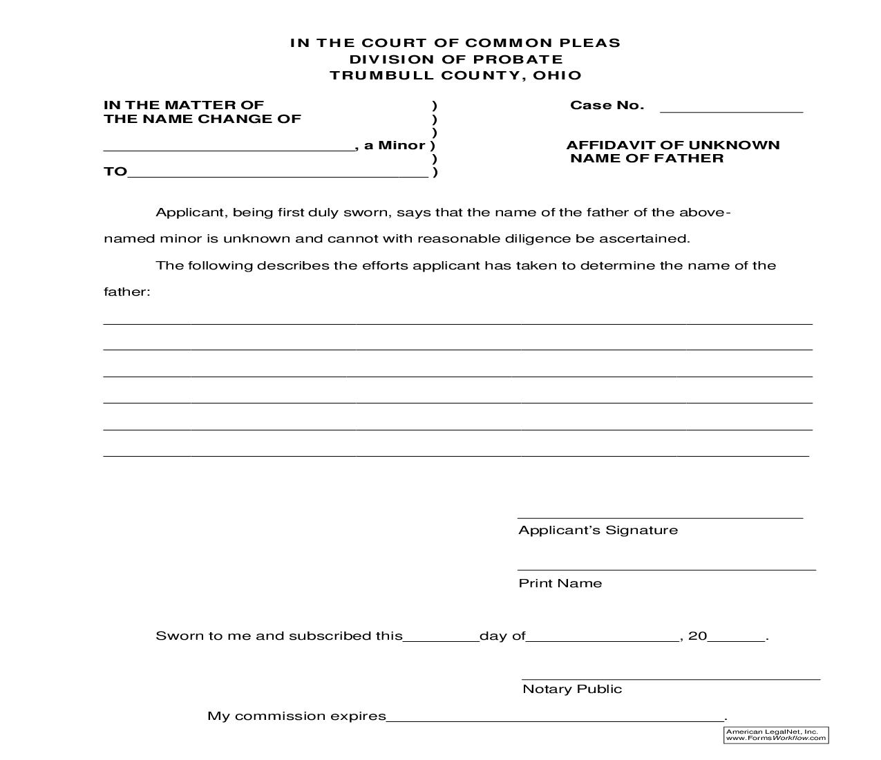 Affidavit Of Unknown Name Of Father | Pdf Fpdf Doc Docx | Ohio