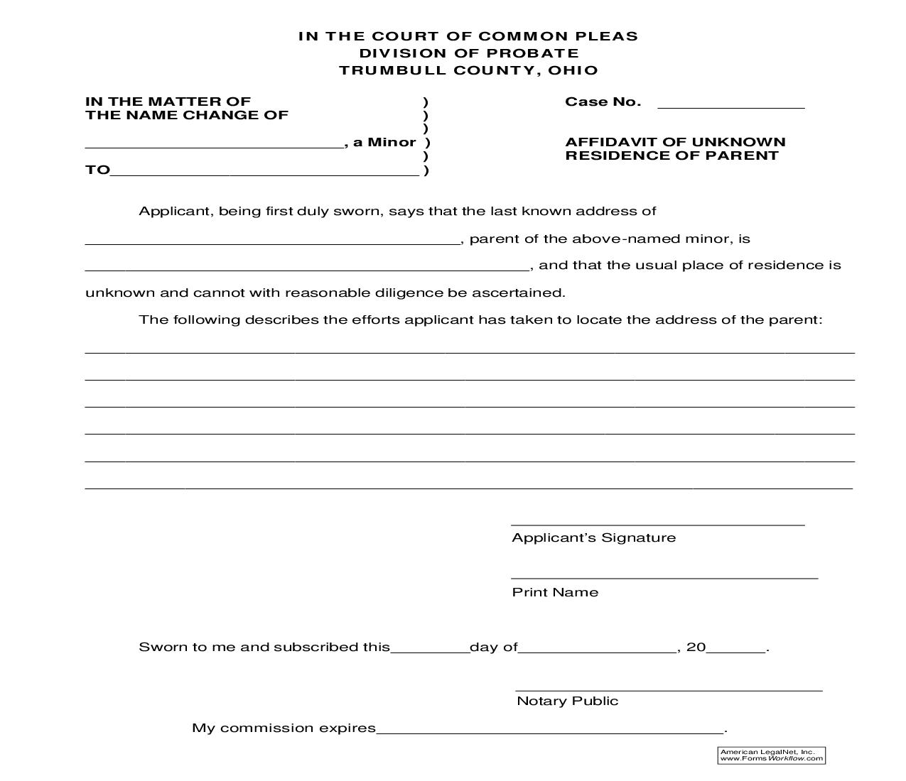 Affidavit Of Unknown Residence Of Parent | Pdf Fpdf Doc Docx | Ohio