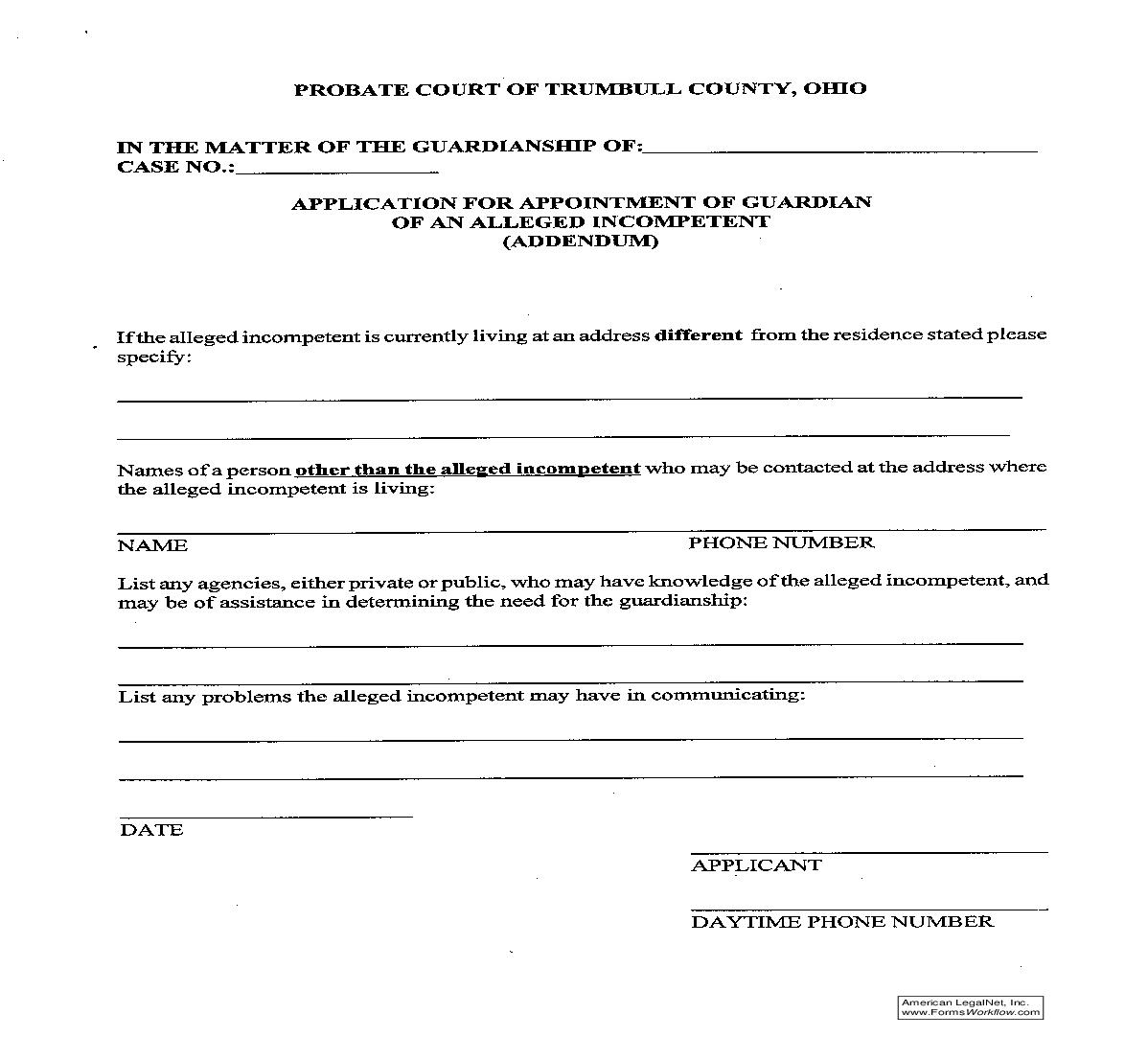 Application For Appointment Of Guardian Of An Alleged Incompetent | Pdf Fpdf Doc Docx | Ohio