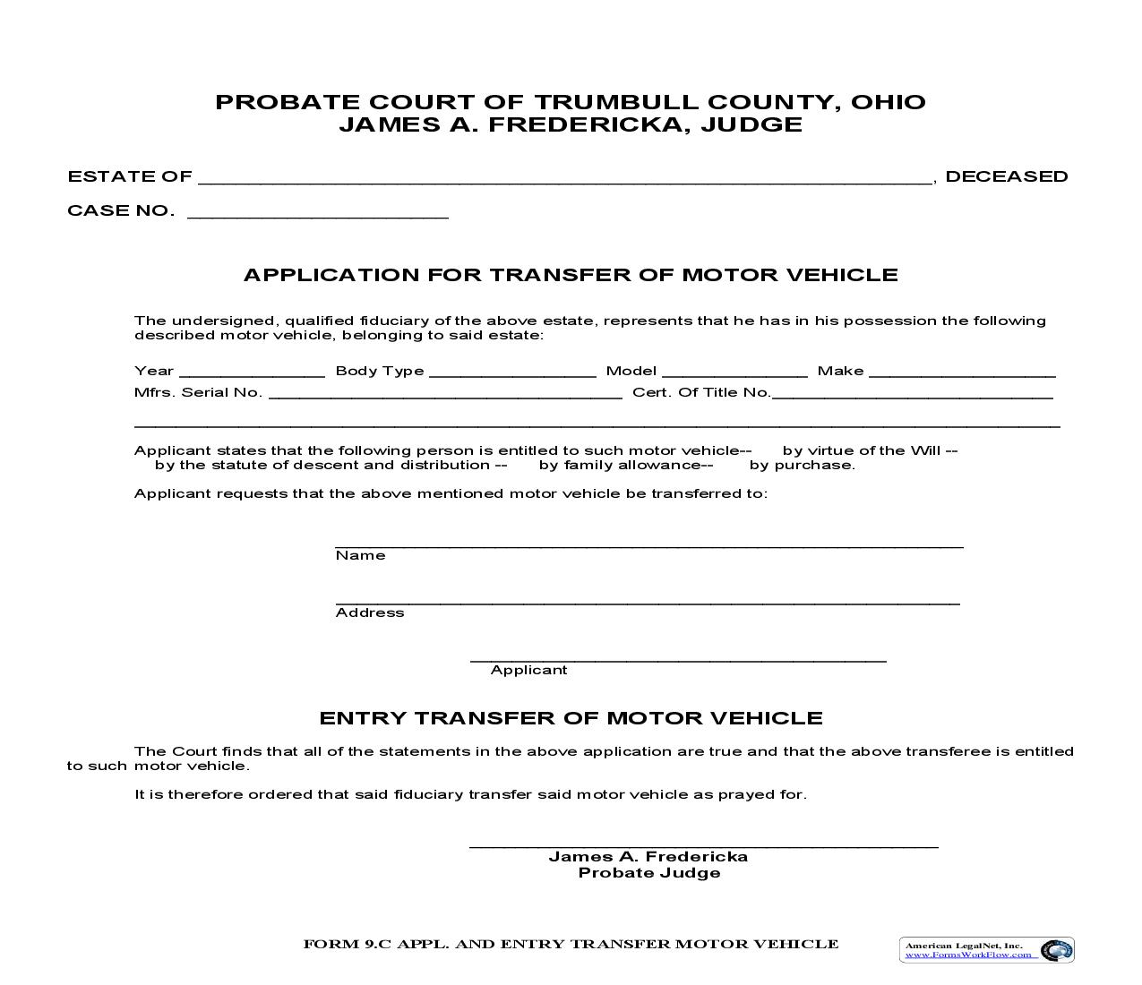 Application For Transfer Of Motor Vehicle {9.C} | Pdf Fpdf Doc Docx | Ohio