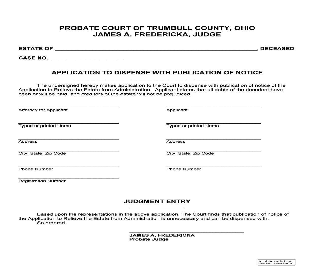 Application To Dispense With Publication Of Notice | Pdf Fpdf Doc Docx | Ohio