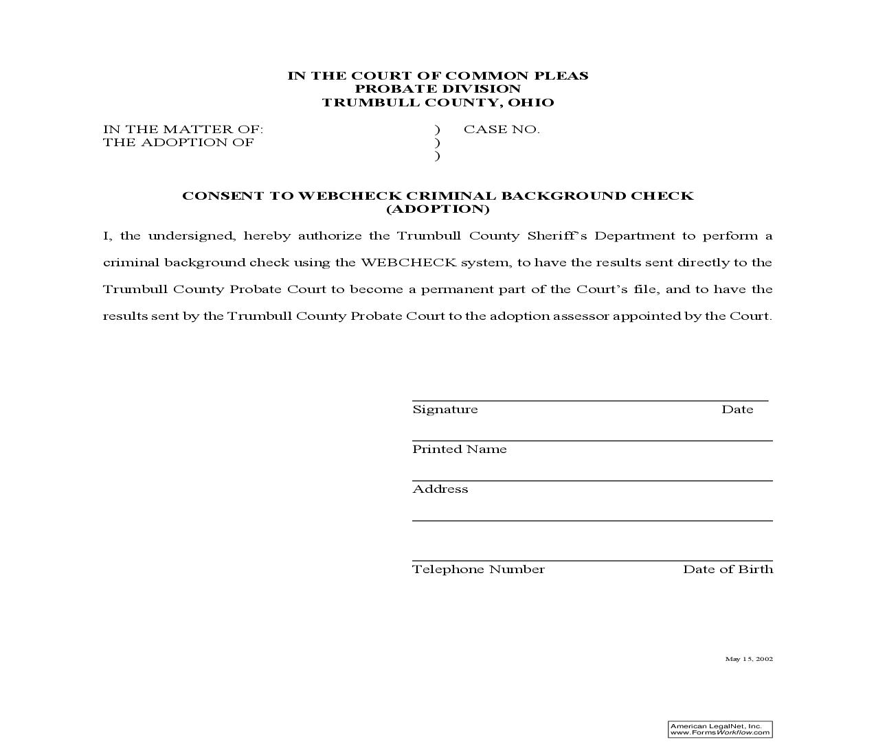 Consent To Webcheck Criminal Background Check (Adoption) | Pdf Fpdf Doc Docx | Ohio