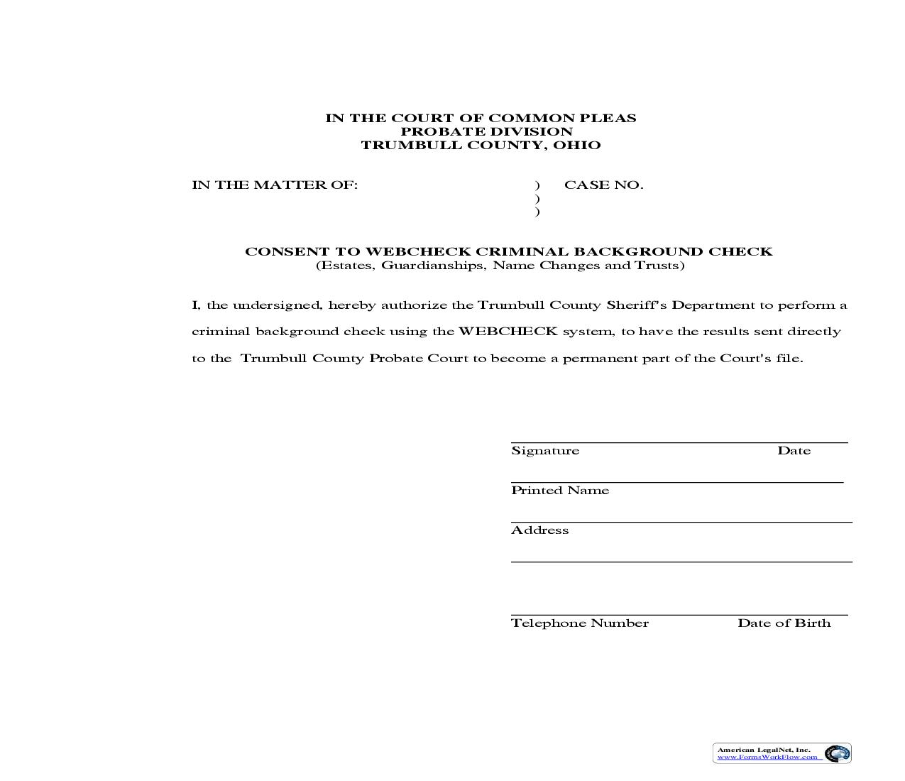 Consent To Webcheck Criminal Background Check | Pdf Fpdf Doc Docx | Ohio