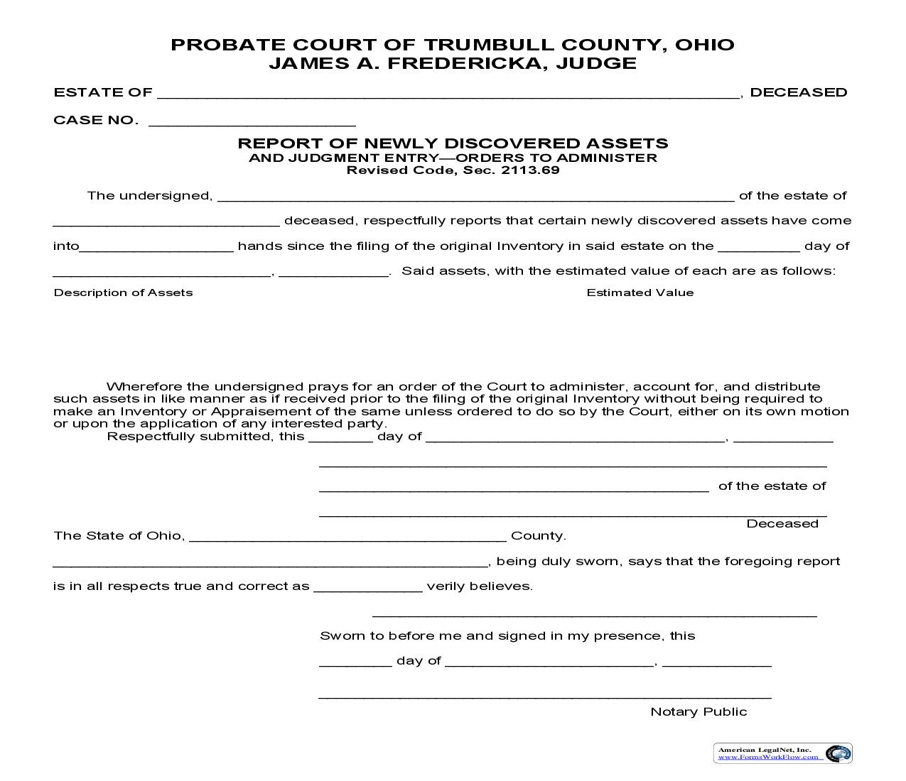 Report Of Newly Discovered Assets And Judgement Entry | Pdf Fpdf Doc Docx | Ohio