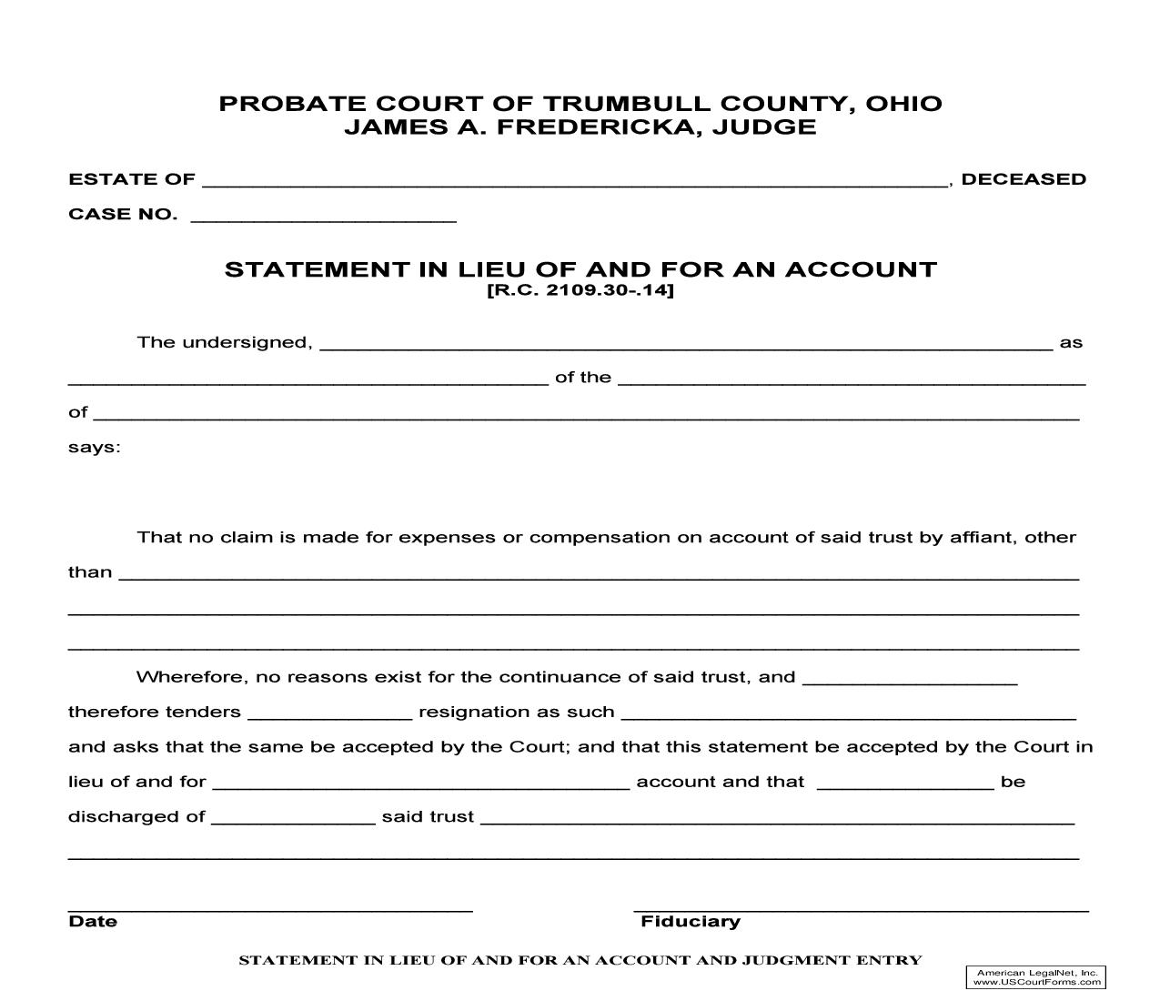 Statement In Lieu Of And For An Account | Pdf Fpdf Doc Docx | Ohio