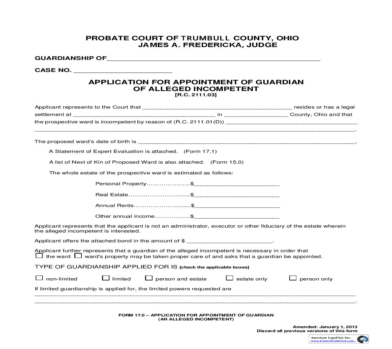 Application For Appointment Of Guardian Of Alleged Incompetent (Trumbull) {17.0} | Pdf Fpdf Doc Docx | Ohio