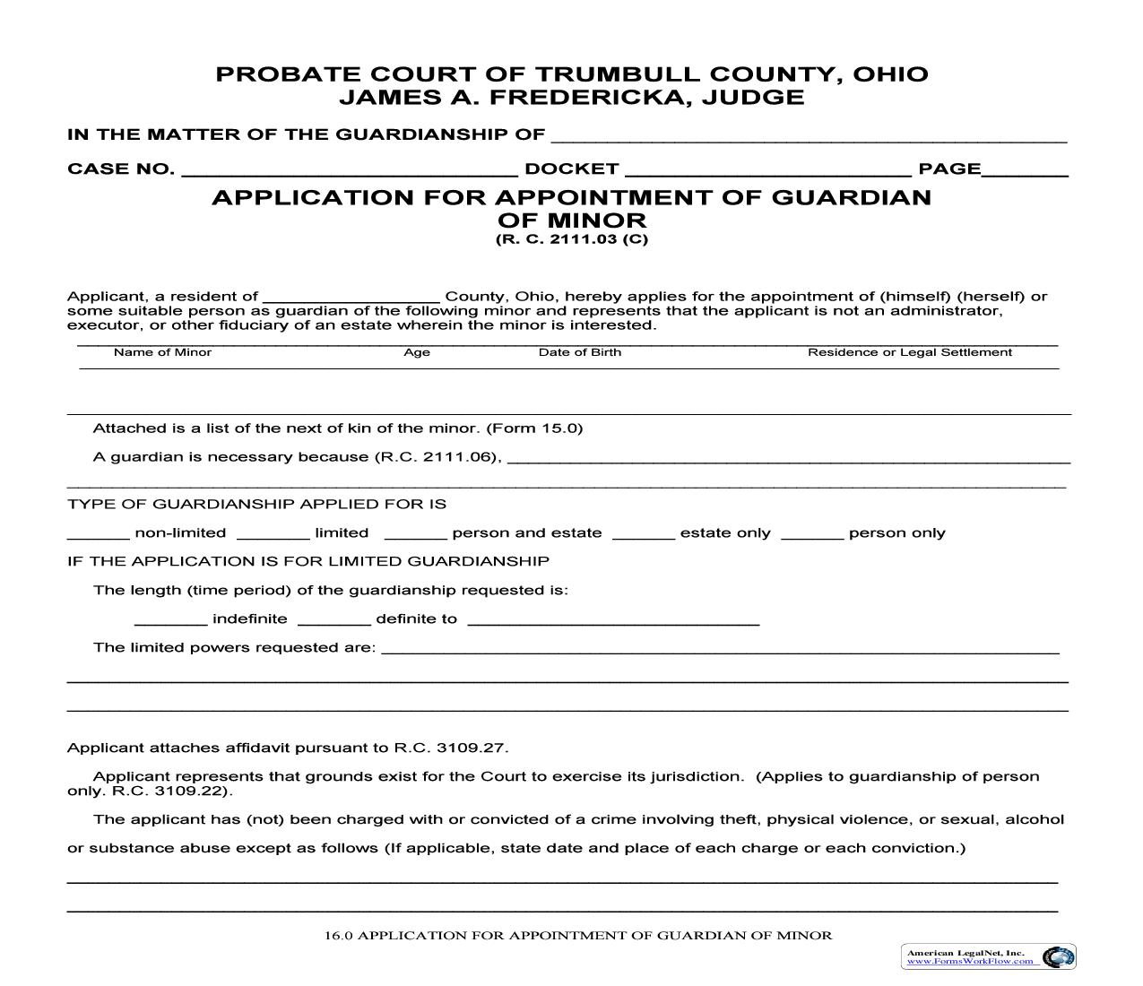 Application For Appointment Of Guardian Of Minor (Trumbull) {16.0} | Pdf Fpdf Doc Docx | Ohio