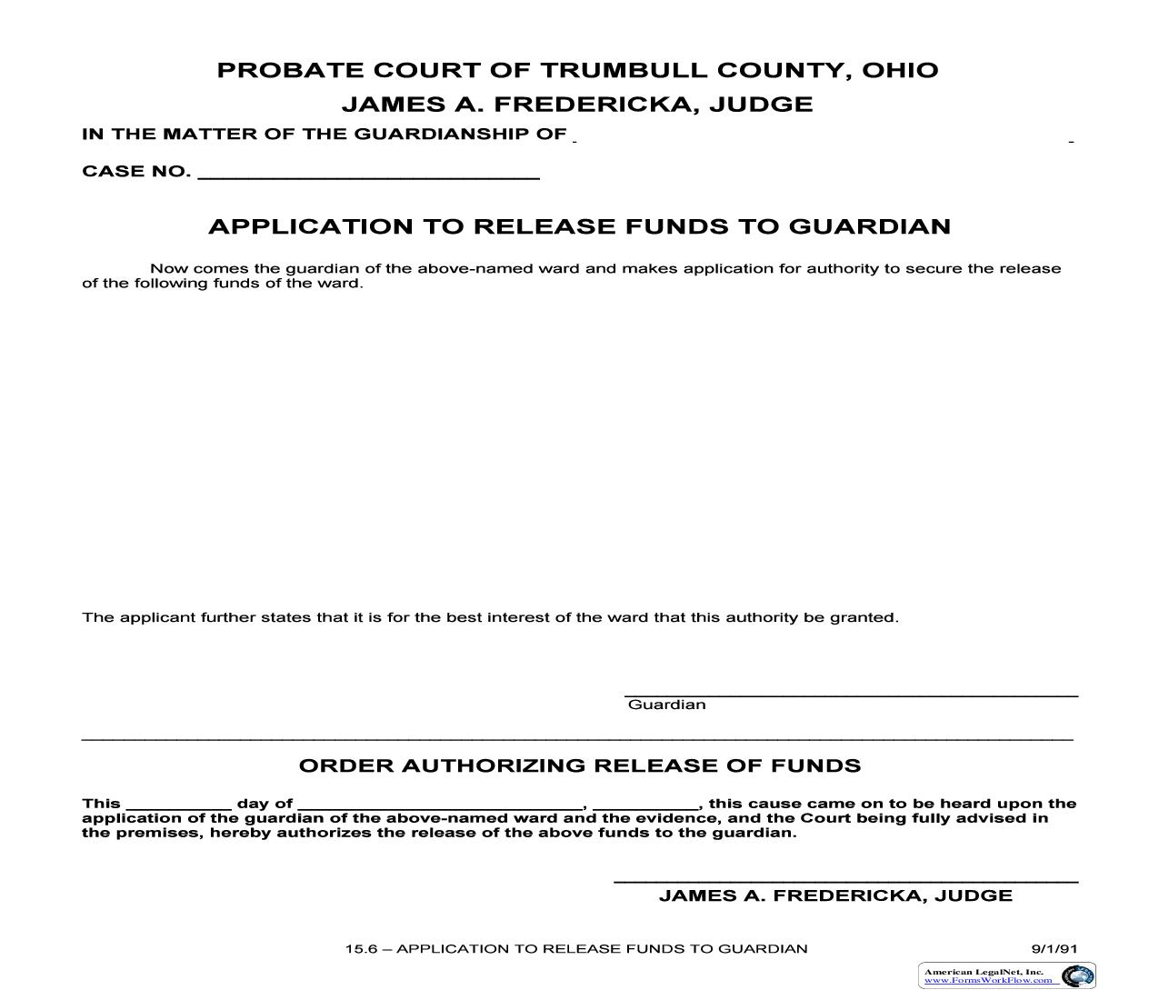 Application To Release Funds To Guardian (Trumbull) {15.6} | Pdf Fpdf Doc Docx | Ohio
