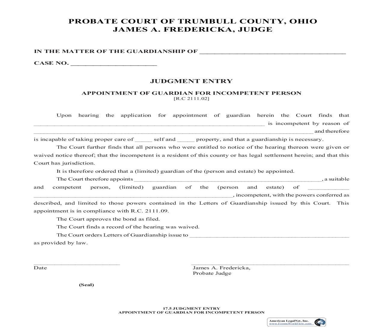 Judgment Entry-Appointment Of Guardian For Incompetent Person (Trumbull) {17.5} | Pdf Fpdf Doc Docx | Ohio