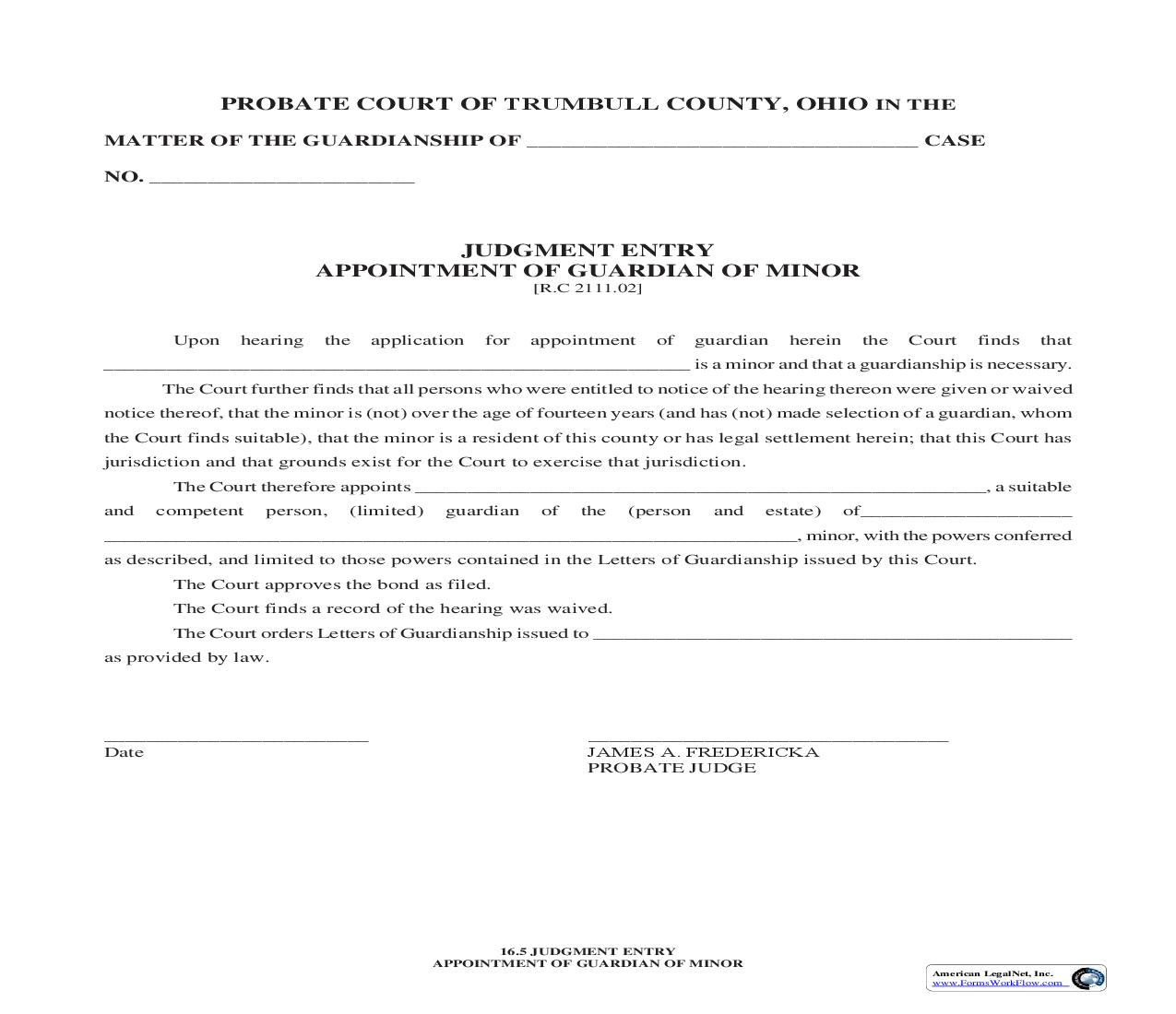 Judgment Entry-Appointment Of Guardian Of Minor (Trumbull) {16.5} | Pdf Fpdf Doc Docx | Ohio